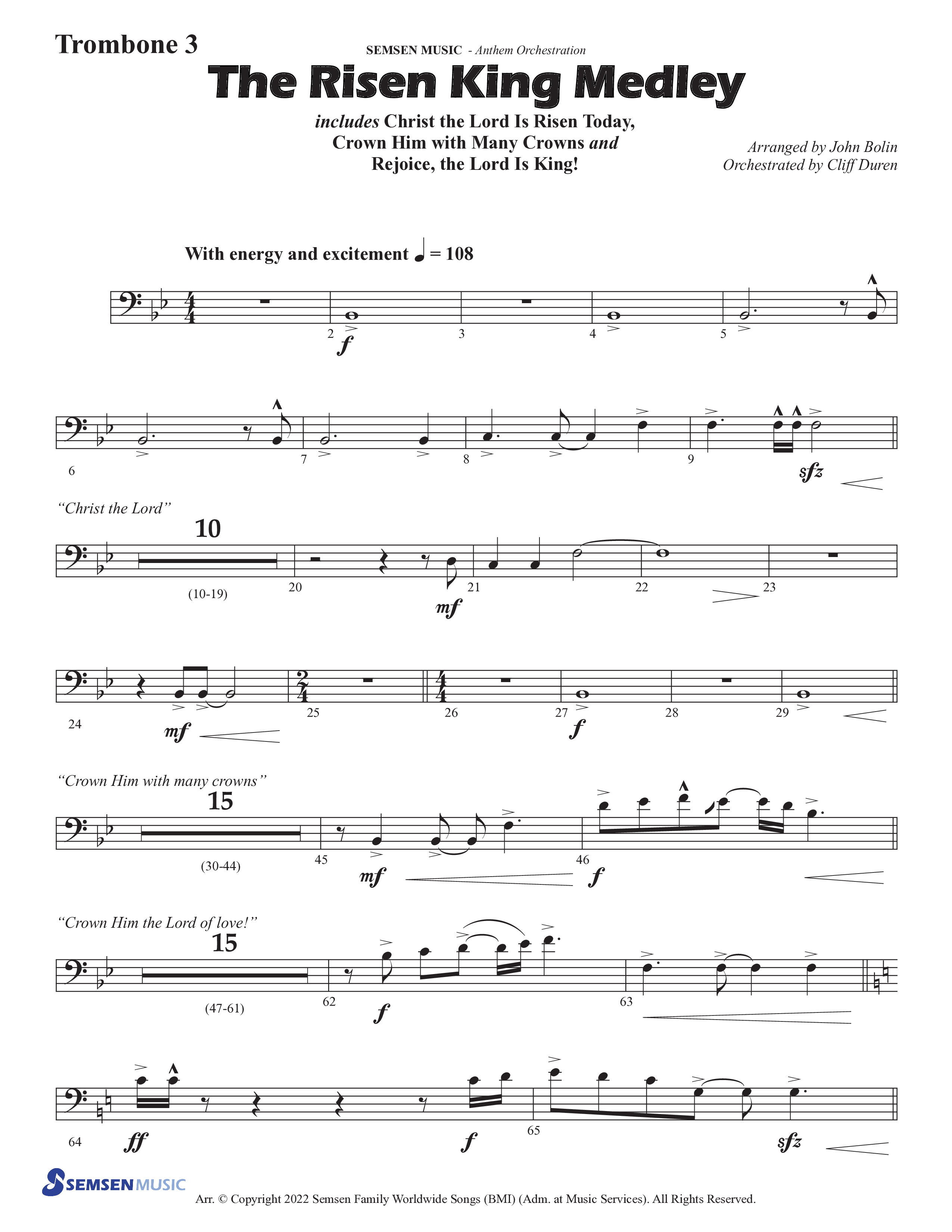 The Risen King Medley (Choral Anthem SATB) Trombone 3 (Semsen Music / Arr. John Bolin / Orch. Cliff Duren)