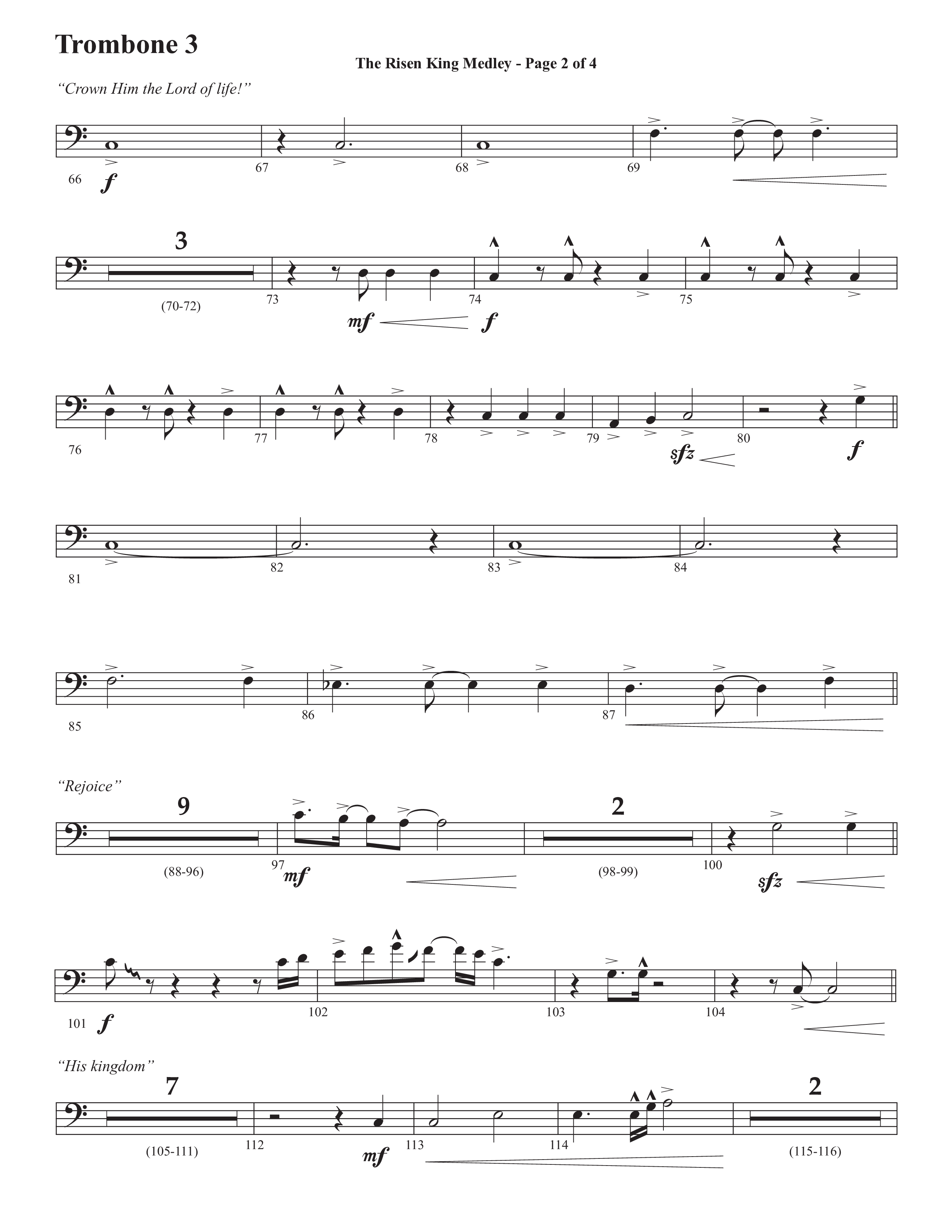 The Risen King Medley (Choral Anthem SATB) Trombone 3 (Semsen Music / Arr. John Bolin / Orch. Cliff Duren)