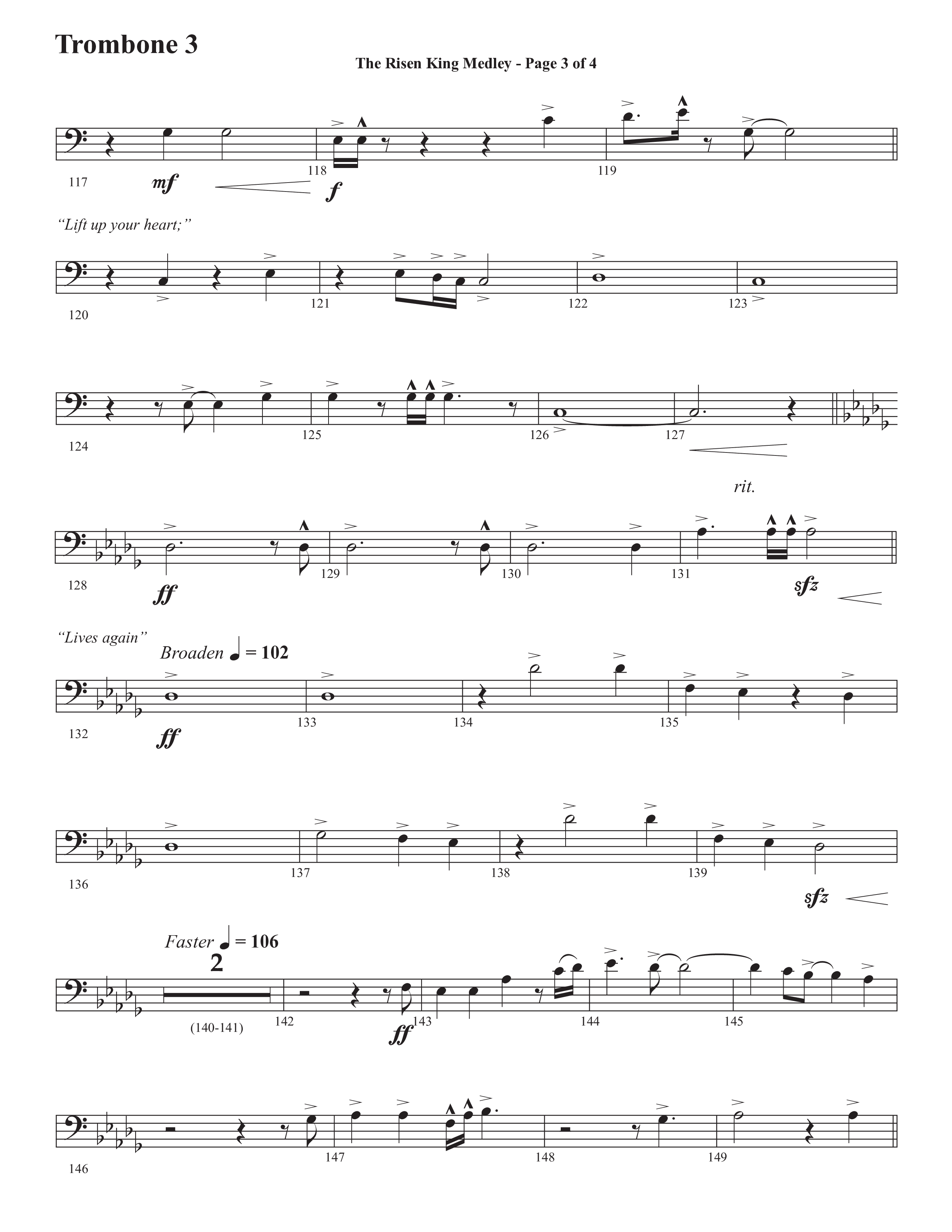The Risen King Medley (Choral Anthem SATB) Trombone 3 (Semsen Music / Arr. John Bolin / Orch. Cliff Duren)