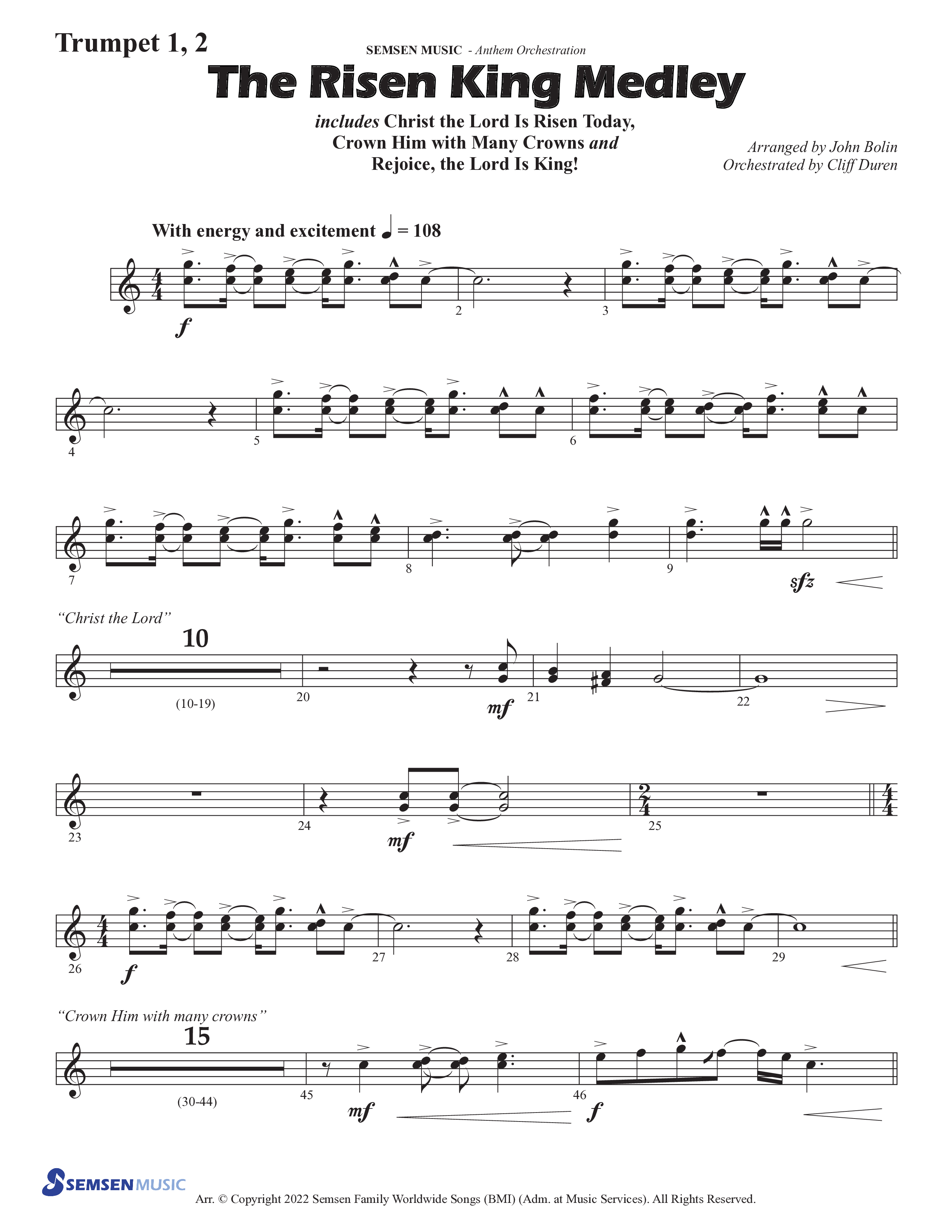 The Risen King Medley (Choral Anthem SATB) Trumpet 1,2 (Semsen Music / Arr. John Bolin / Orch. Cliff Duren)
