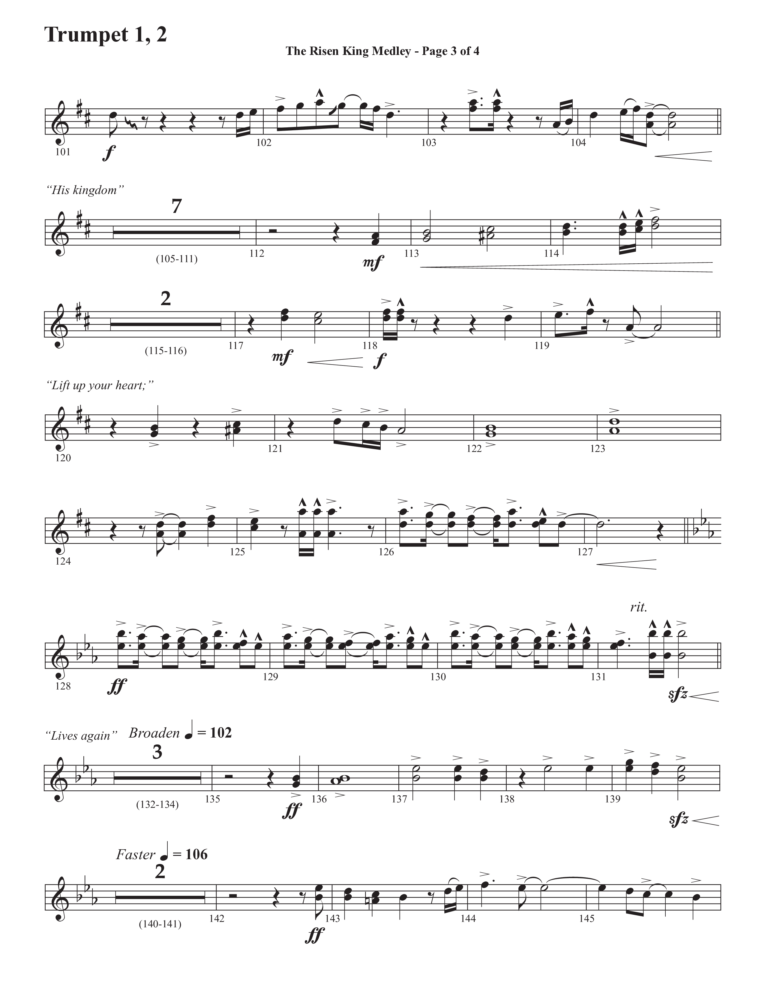 The Risen King Medley (Choral Anthem SATB) Trumpet 1,2 (Semsen Music / Arr. John Bolin / Orch. Cliff Duren)
