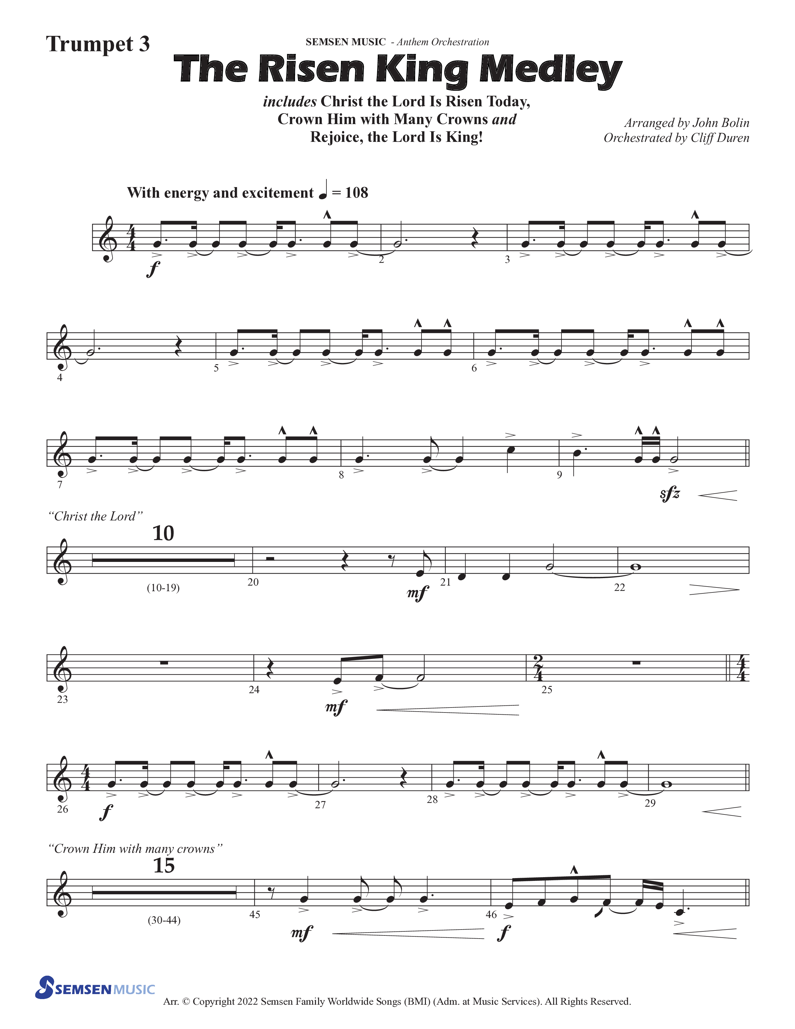 The Risen King Medley (Choral Anthem SATB) Trumpet 3 (Semsen Music / Arr. John Bolin / Orch. Cliff Duren)
