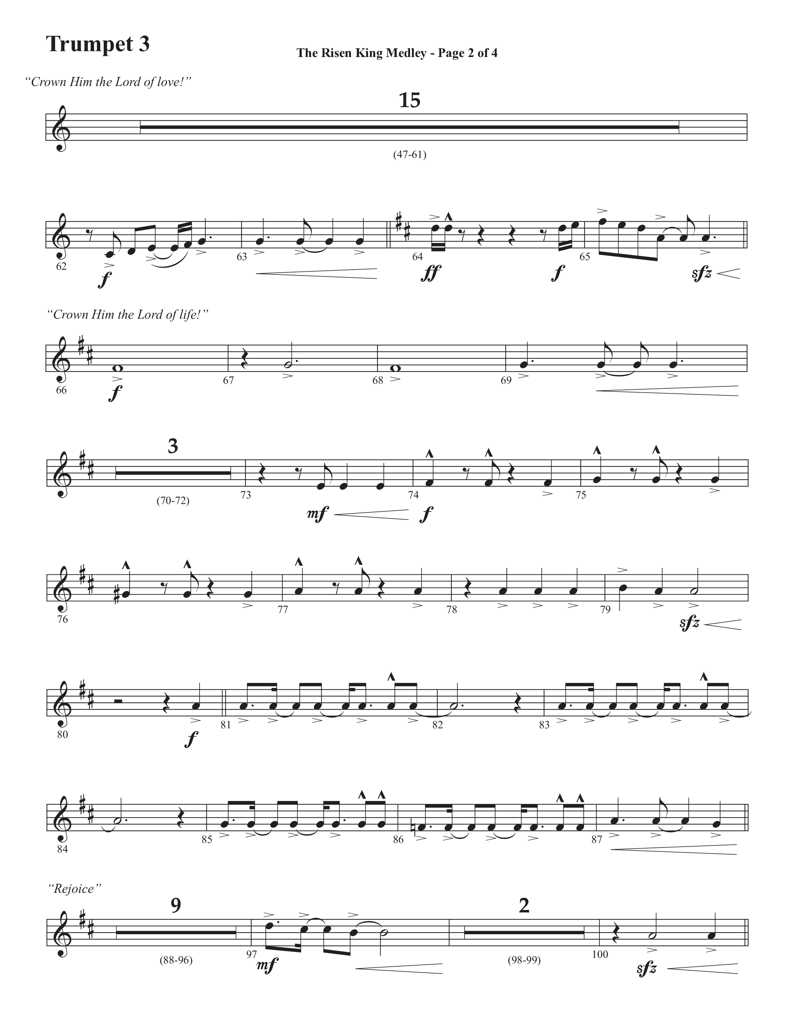 The Risen King Medley (Choral Anthem SATB) Trumpet 3 (Semsen Music / Arr. John Bolin / Orch. Cliff Duren)