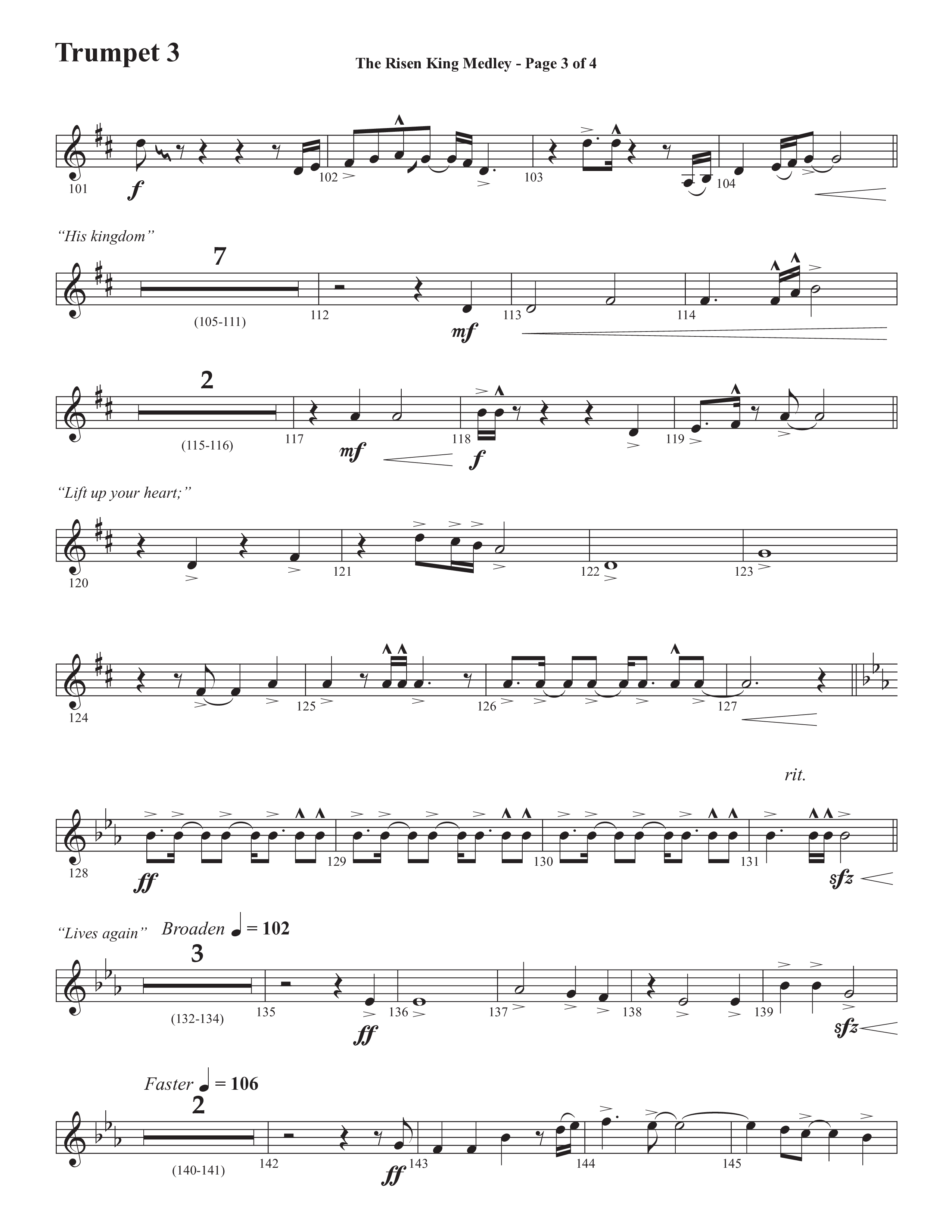The Risen King Medley (Choral Anthem SATB) Trumpet 3 (Semsen Music / Arr. John Bolin / Orch. Cliff Duren)