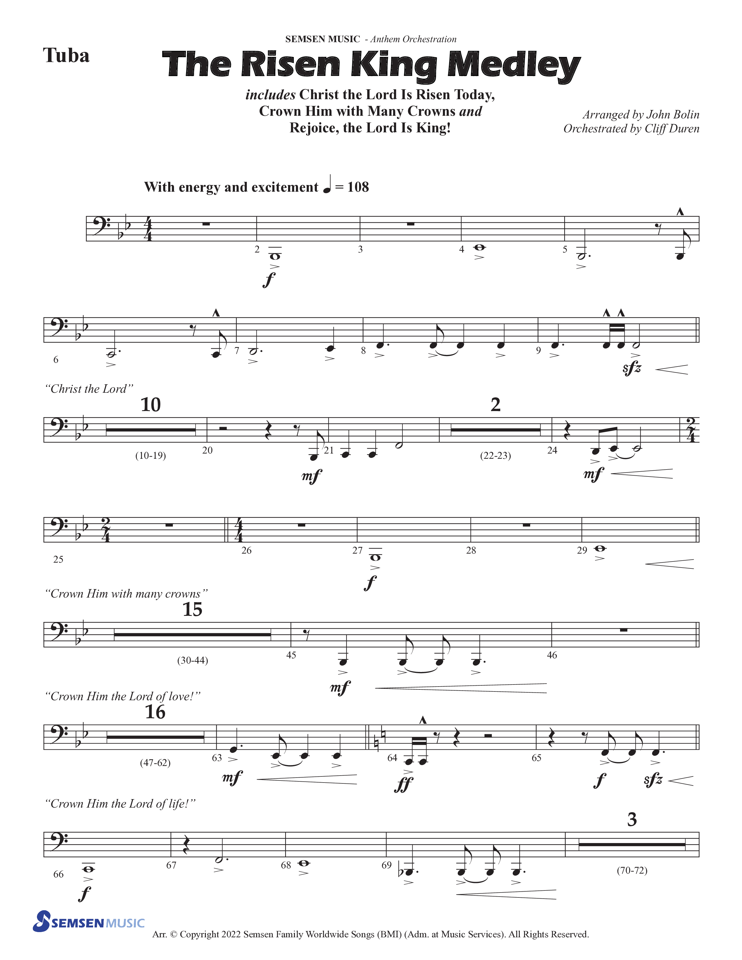 The Risen King Medley (Choral Anthem SATB) Tuba (Semsen Music / Arr. John Bolin / Orch. Cliff Duren)