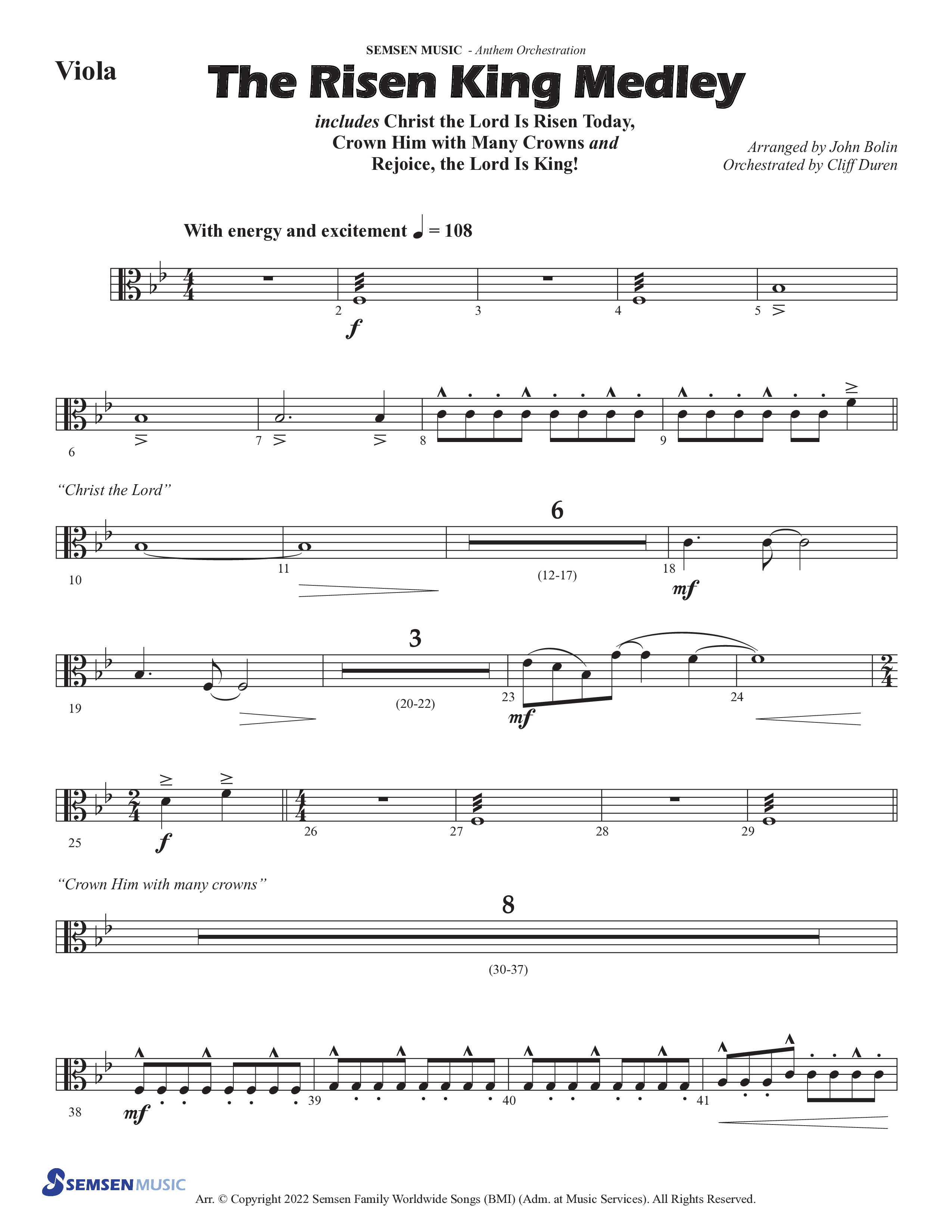 The Risen King Medley (Choral Anthem SATB) Viola (Semsen Music / Arr. John Bolin / Orch. Cliff Duren)