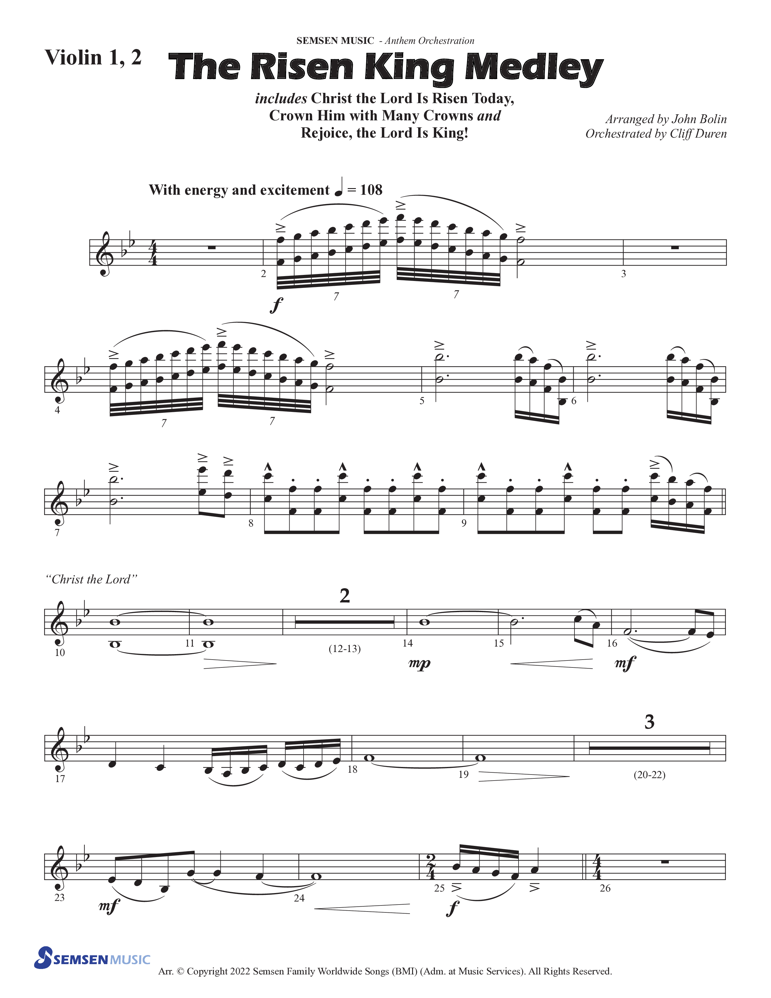 The Risen King Medley (Choral Anthem SATB) Violin 1/2 (Semsen Music / Arr. John Bolin / Orch. Cliff Duren)