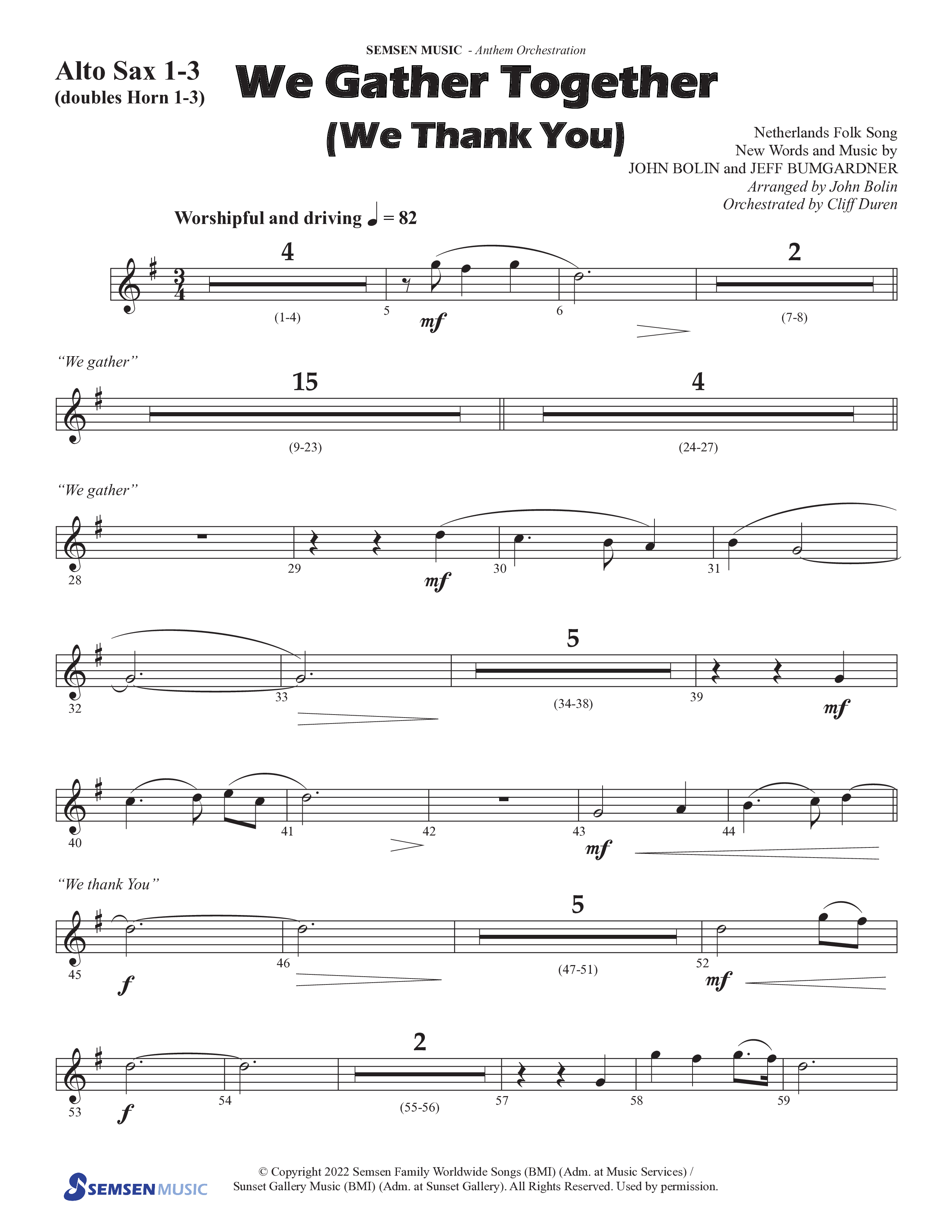 We Gather Together (We Thank You) (Choral Anthem SATB) Alto Sax (Semsen Music / Arr. John Bolin / Orch. Cliff Duren)