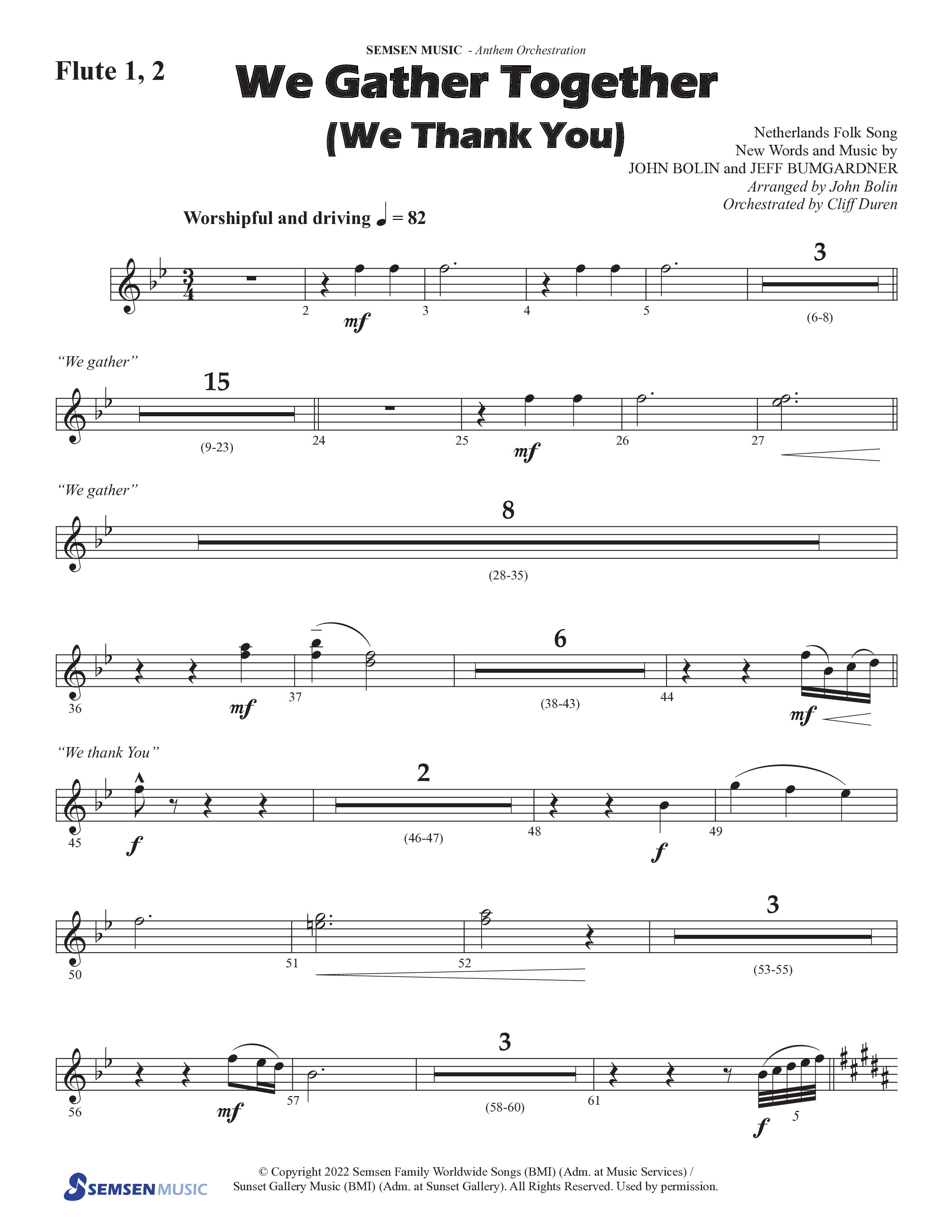 We Gather Together (We Thank You) (Choral Anthem SATB) Flute 1/2 (Semsen Music / Arr. John Bolin / Orch. Cliff Duren)