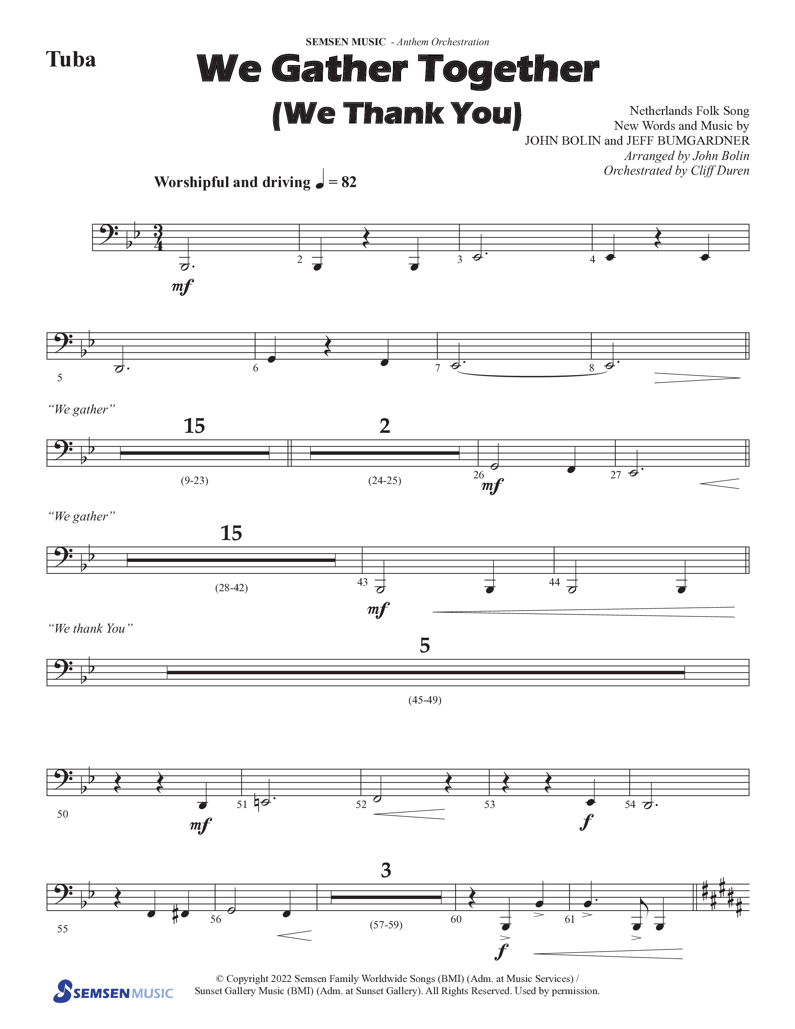 We Gather Together (We Thank You) (Choral Anthem SATB) Tuba (Semsen Music / Arr. John Bolin / Orch. Cliff Duren)