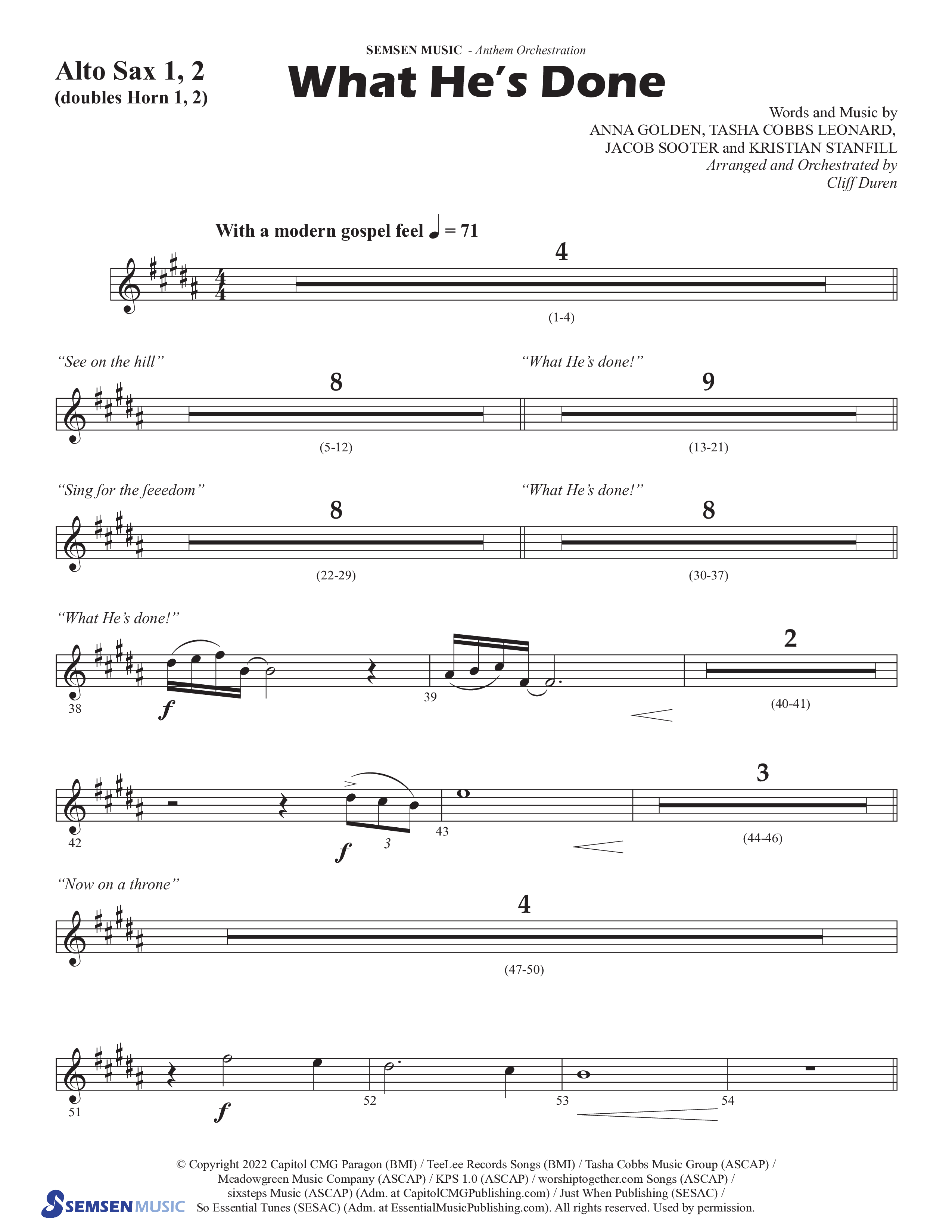 What He's Done (Choral Anthem SATB) Alto Sax 1/2 (Semsen Music / Arr. Cliff Duren)