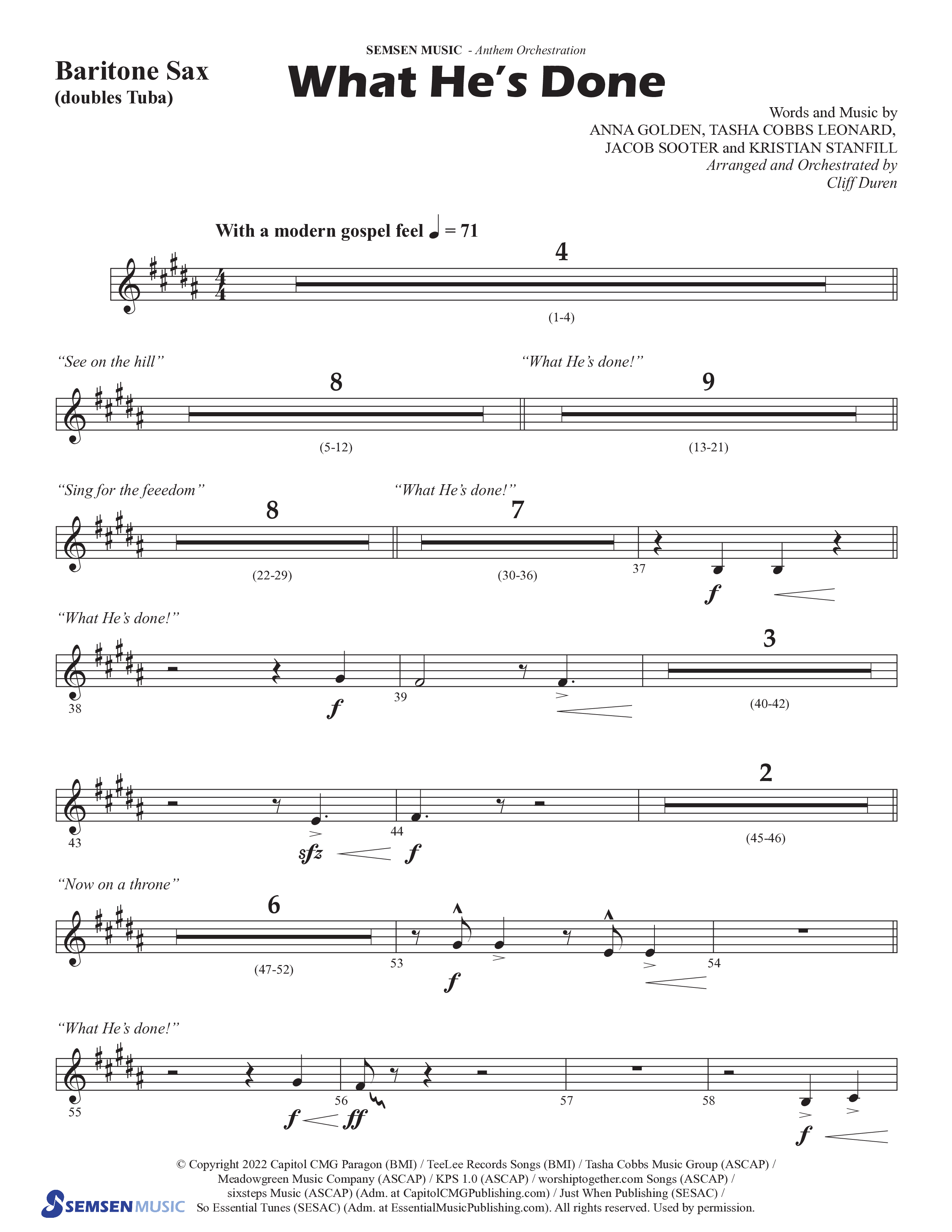What He's Done (Choral Anthem SATB) Bari Sax (Semsen Music / Arr. Cliff Duren)