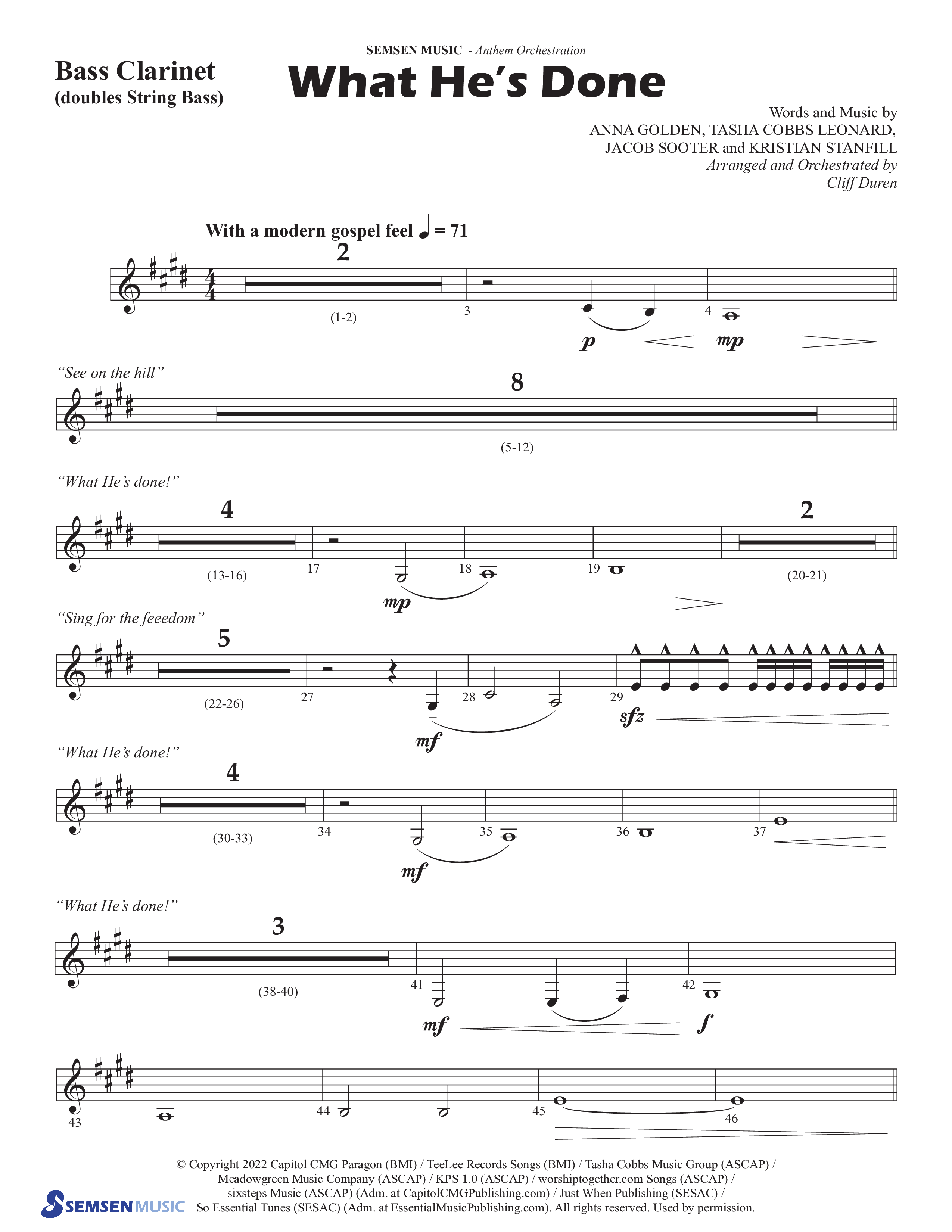 What He's Done (Choral Anthem SATB) Bass Clarinet (Semsen Music / Arr. Cliff Duren)