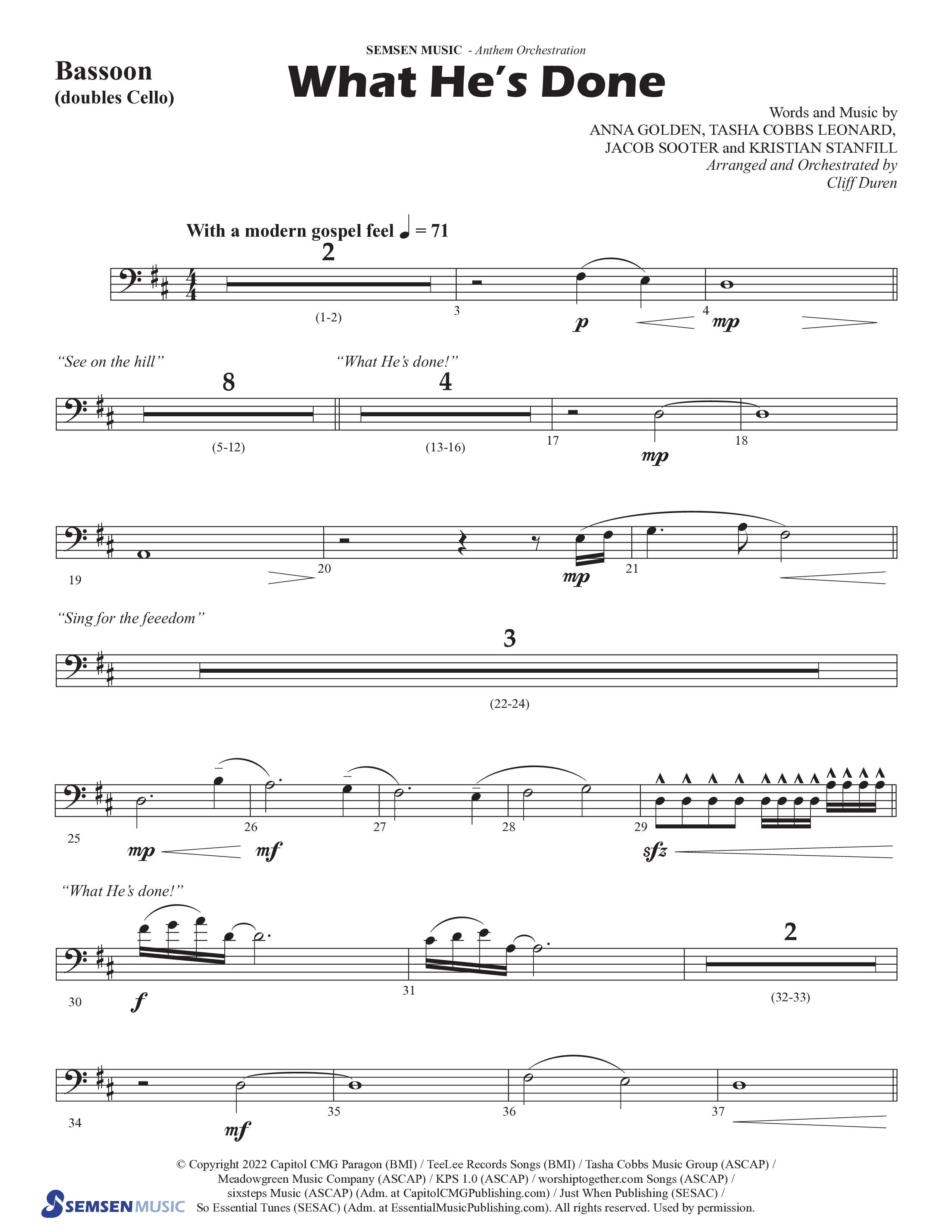 What He's Done (Choral Anthem SATB) Bassoon (Semsen Music / Arr. Cliff Duren)