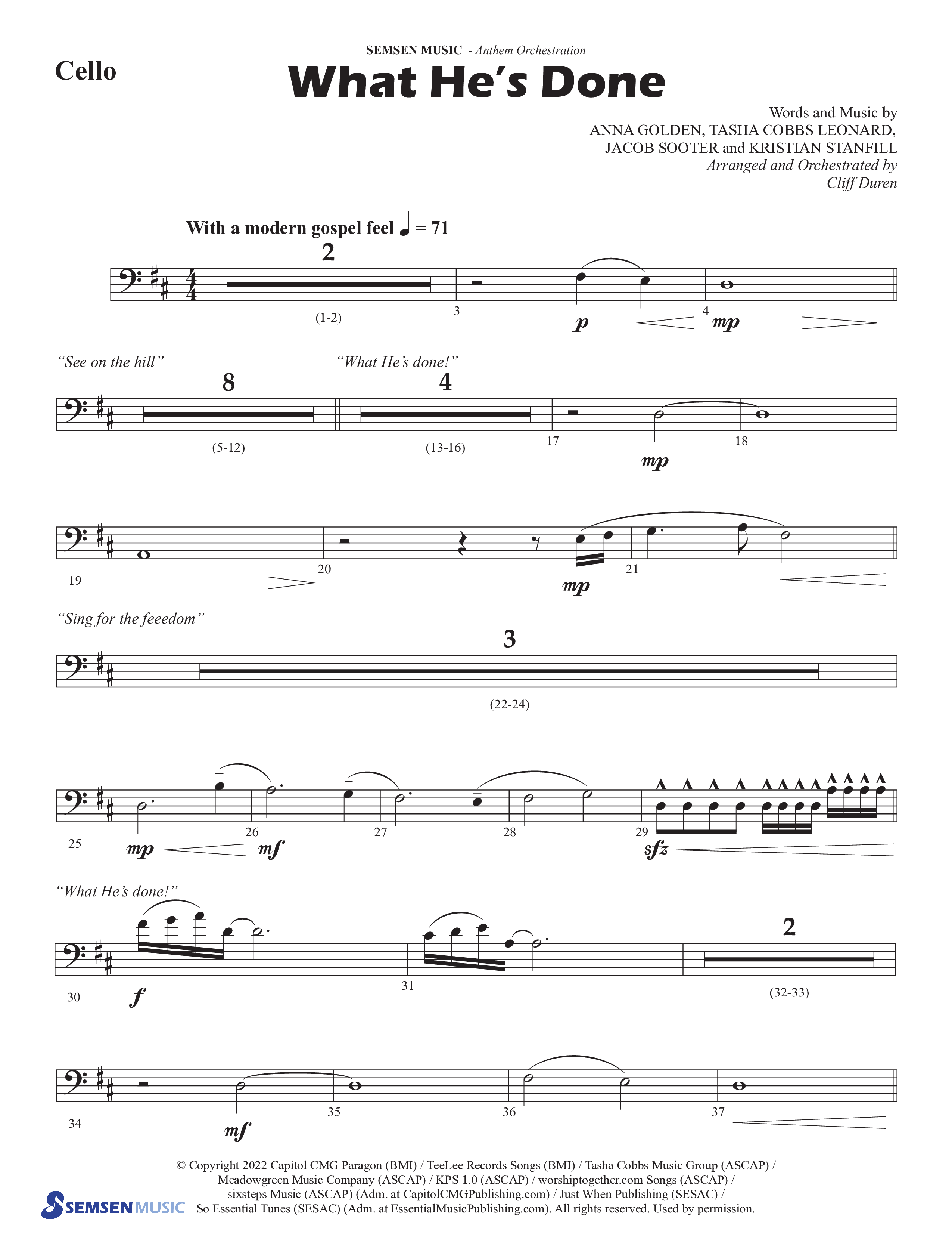 What He's Done (Choral Anthem SATB) Cello (Semsen Music / Arr. Cliff Duren)