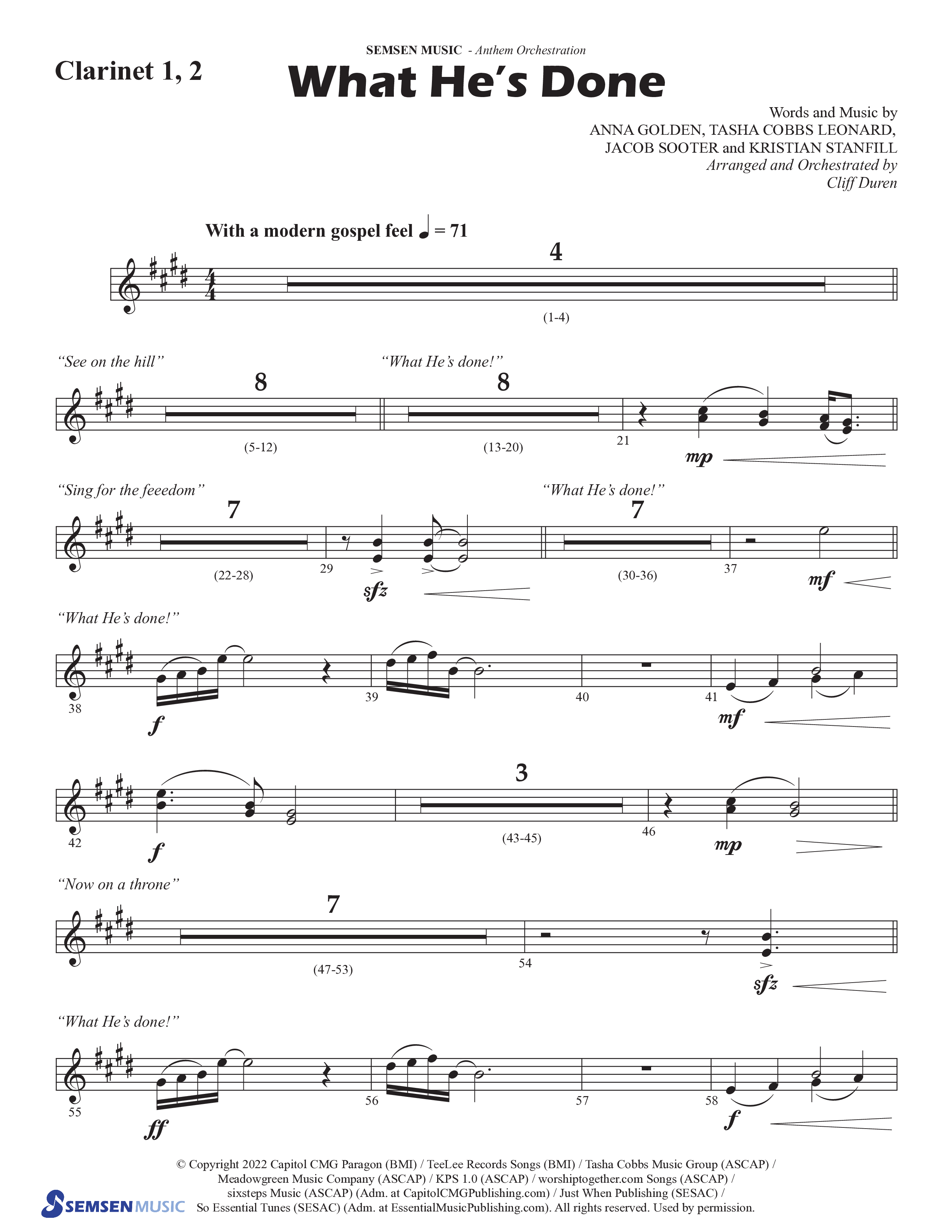 What He's Done (Choral Anthem SATB) Clarinet 1/2 (Semsen Music / Arr. Cliff Duren)