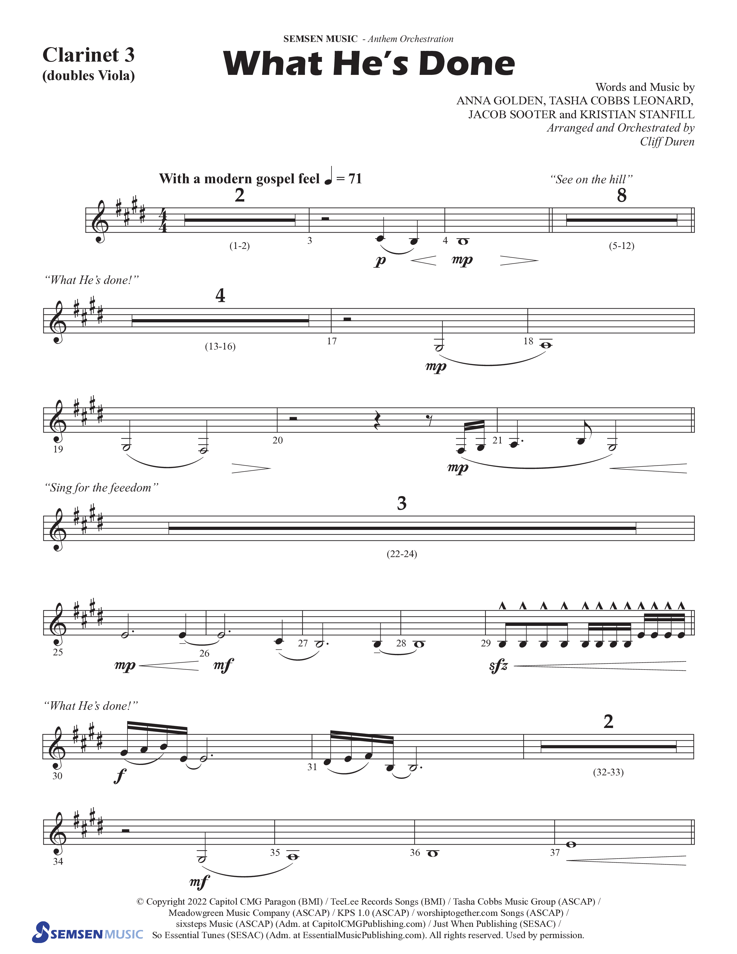 What He's Done (Choral Anthem SATB) Clarinet 3 (Semsen Music / Arr. Cliff Duren)
