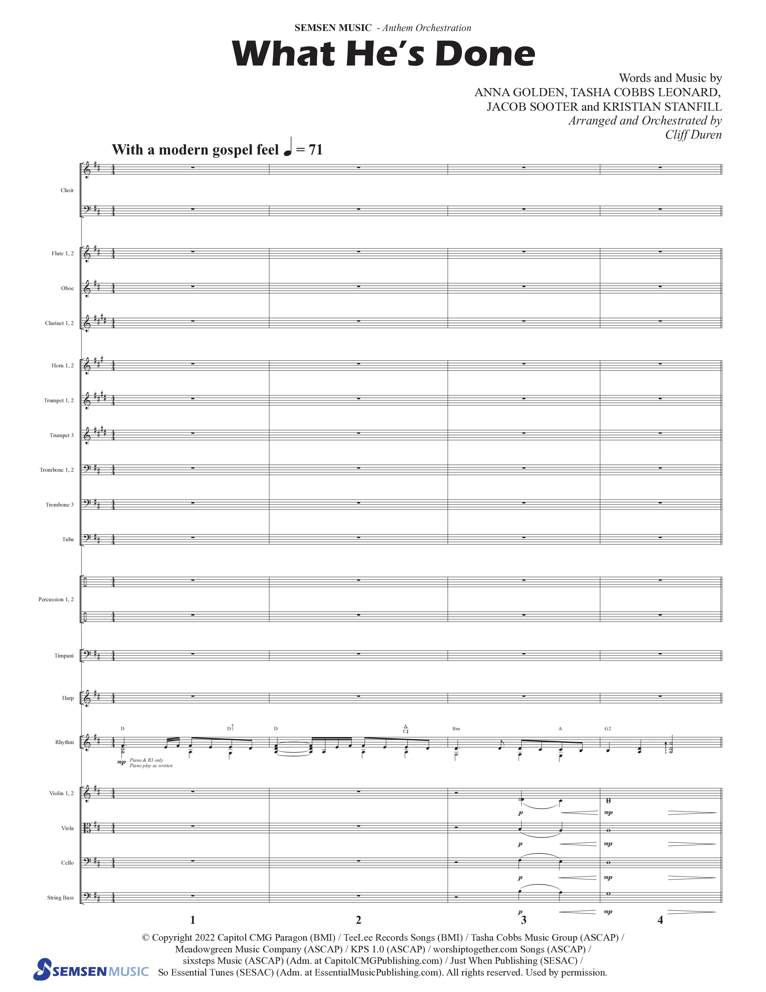 What He's Done (Choral Anthem SATB) Orchestration (Semsen Music / Arr. Cliff Duren)