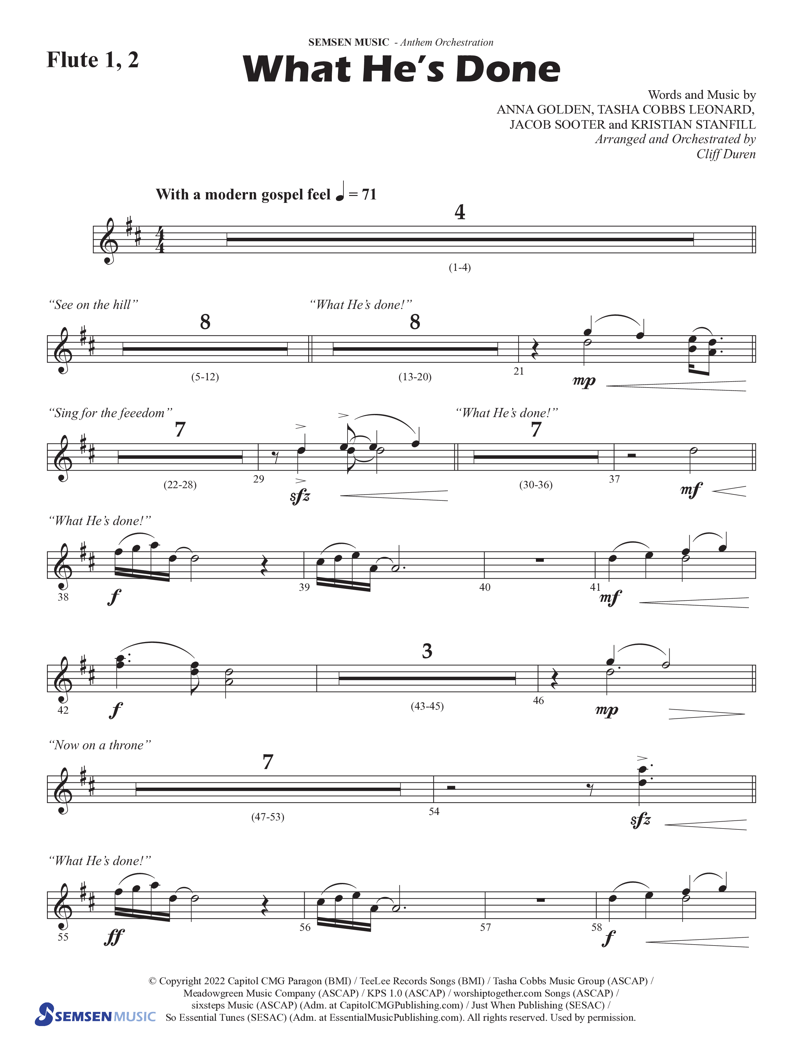 What He's Done (Choral Anthem SATB) Flute 1/2 (Semsen Music / Arr. Cliff Duren)