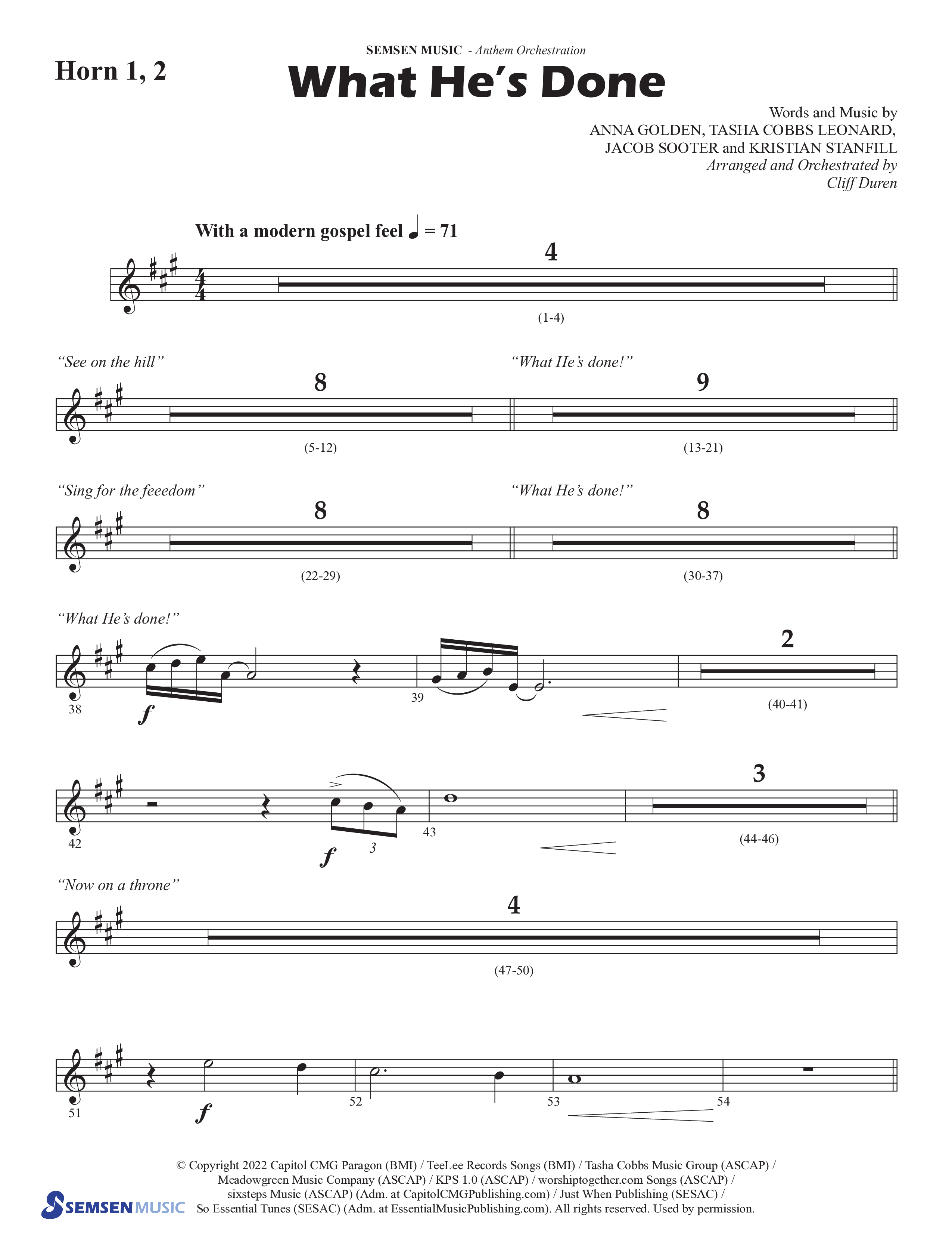 What He's Done (Choral Anthem SATB) French Horn 1/2 (Semsen Music / Arr. Cliff Duren)