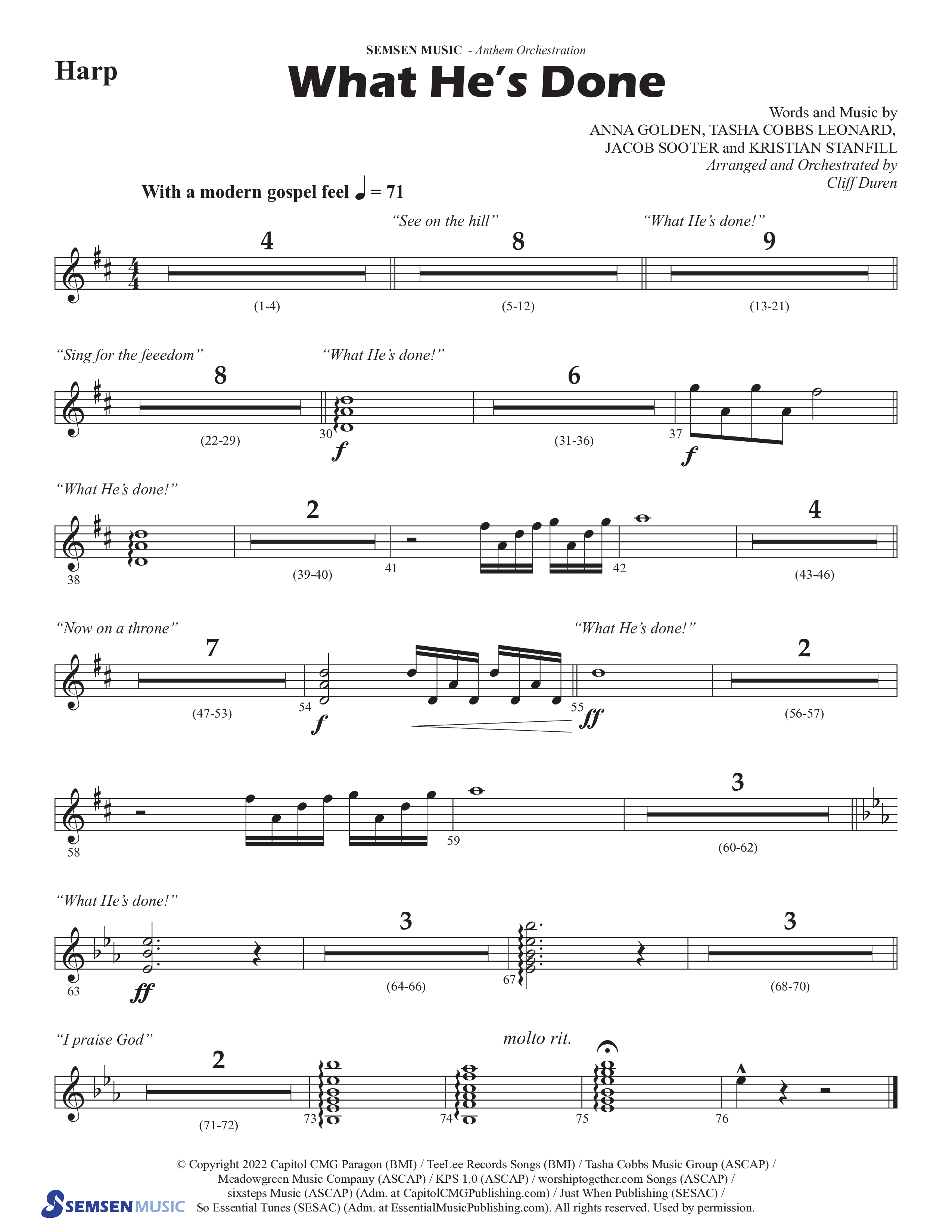 What He's Done (Choral Anthem SATB) Harp (Semsen Music / Arr. Cliff Duren)