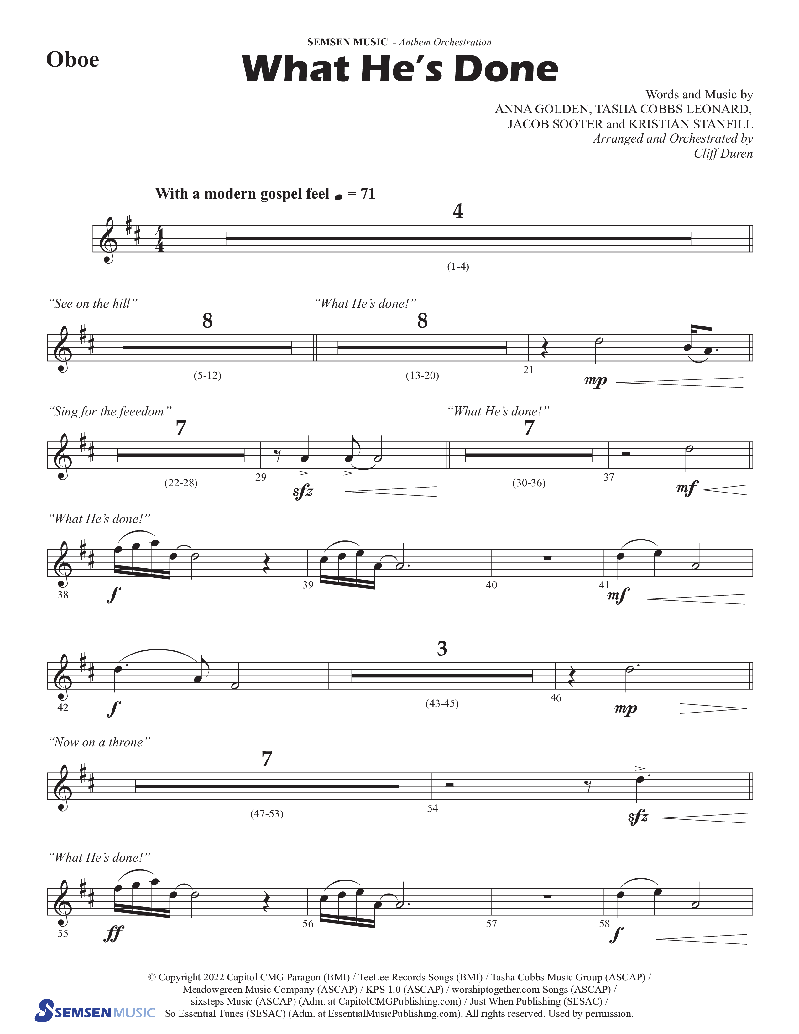 What He's Done (Choral Anthem SATB) Oboe (Semsen Music / Arr. Cliff Duren)