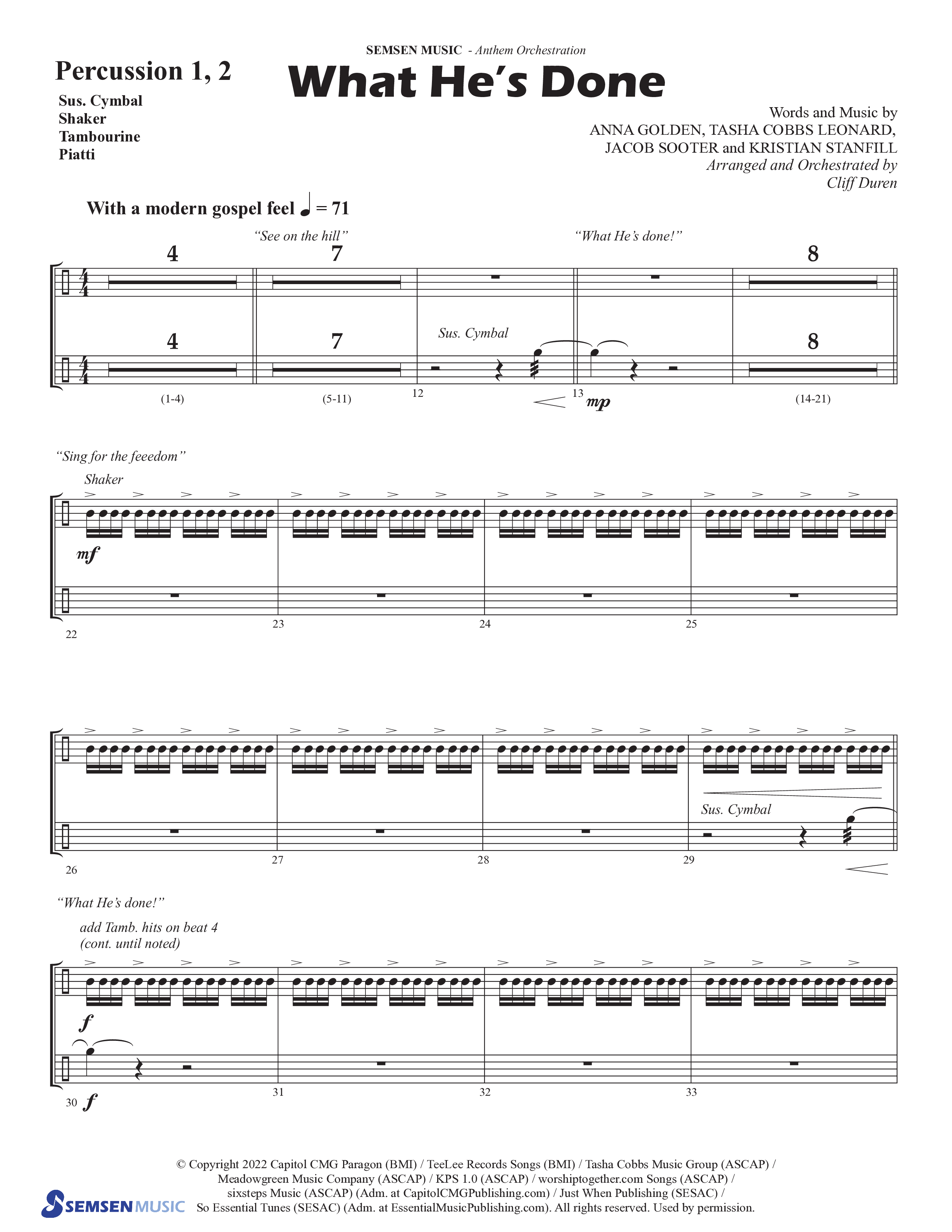 What He's Done (Choral Anthem SATB) Percussion 1/2 (Semsen Music / Arr. Cliff Duren)