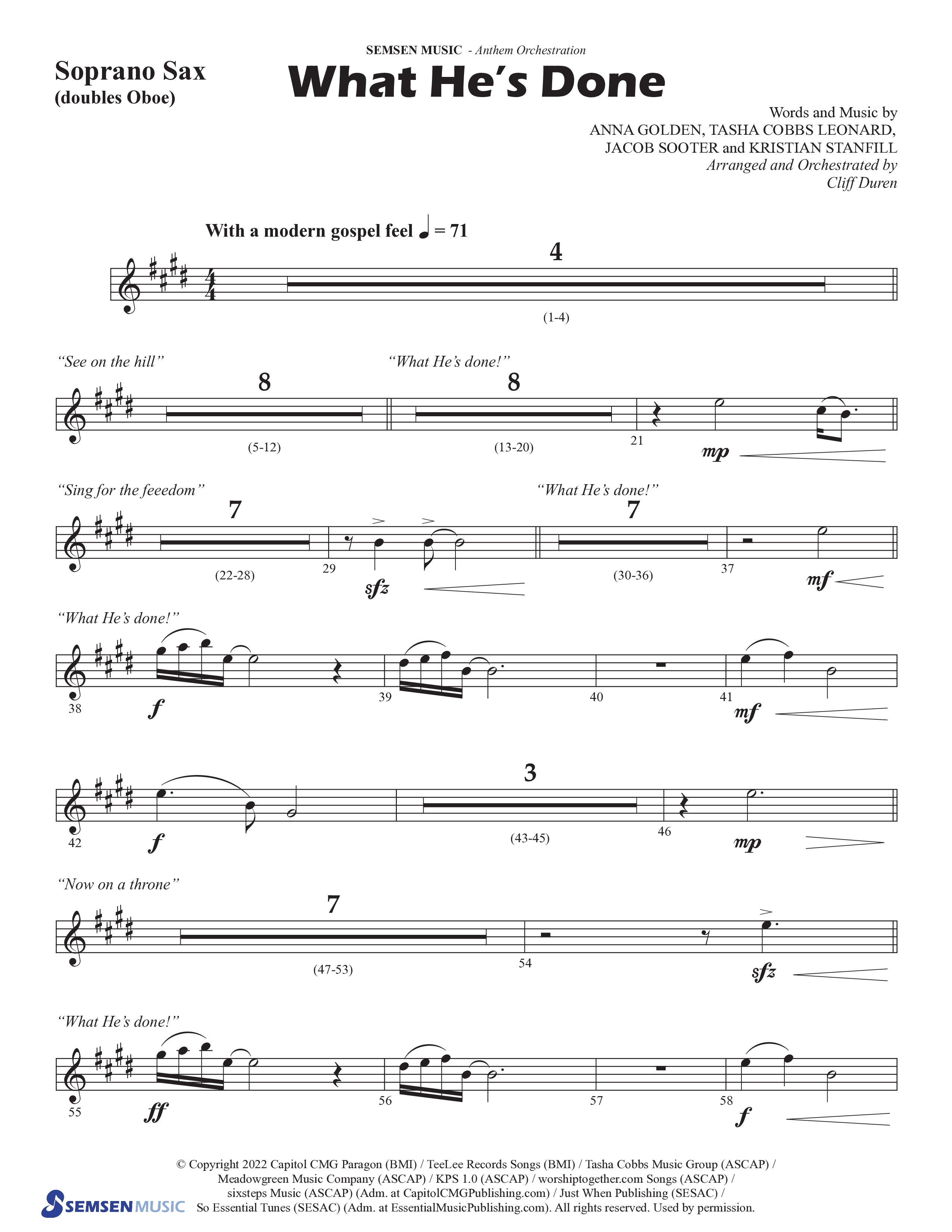 What He's Done (Choral Anthem SATB) Soprano Sax (Semsen Music / Arr. Cliff Duren)