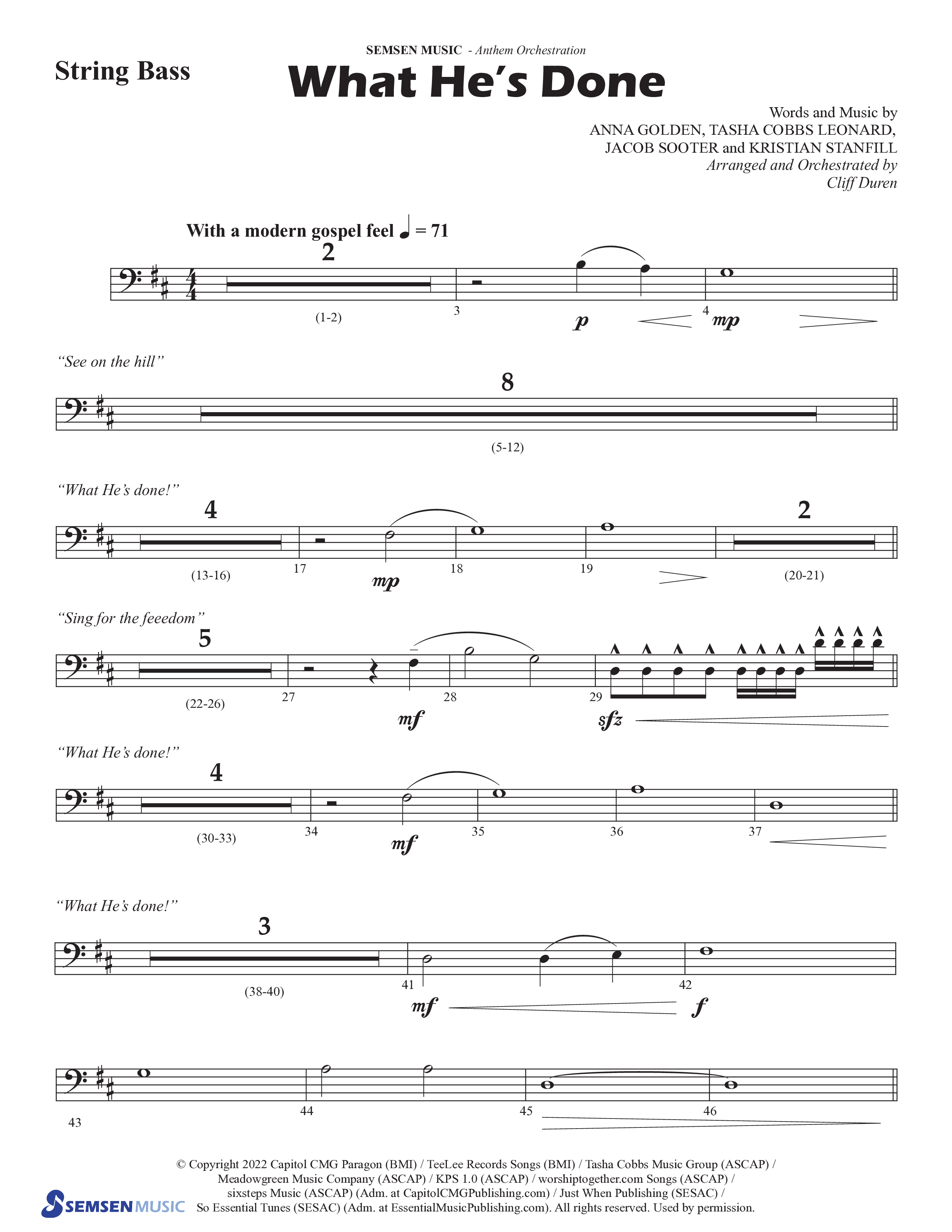 What He's Done (Choral Anthem SATB) String Bass (Semsen Music / Arr. Cliff Duren)