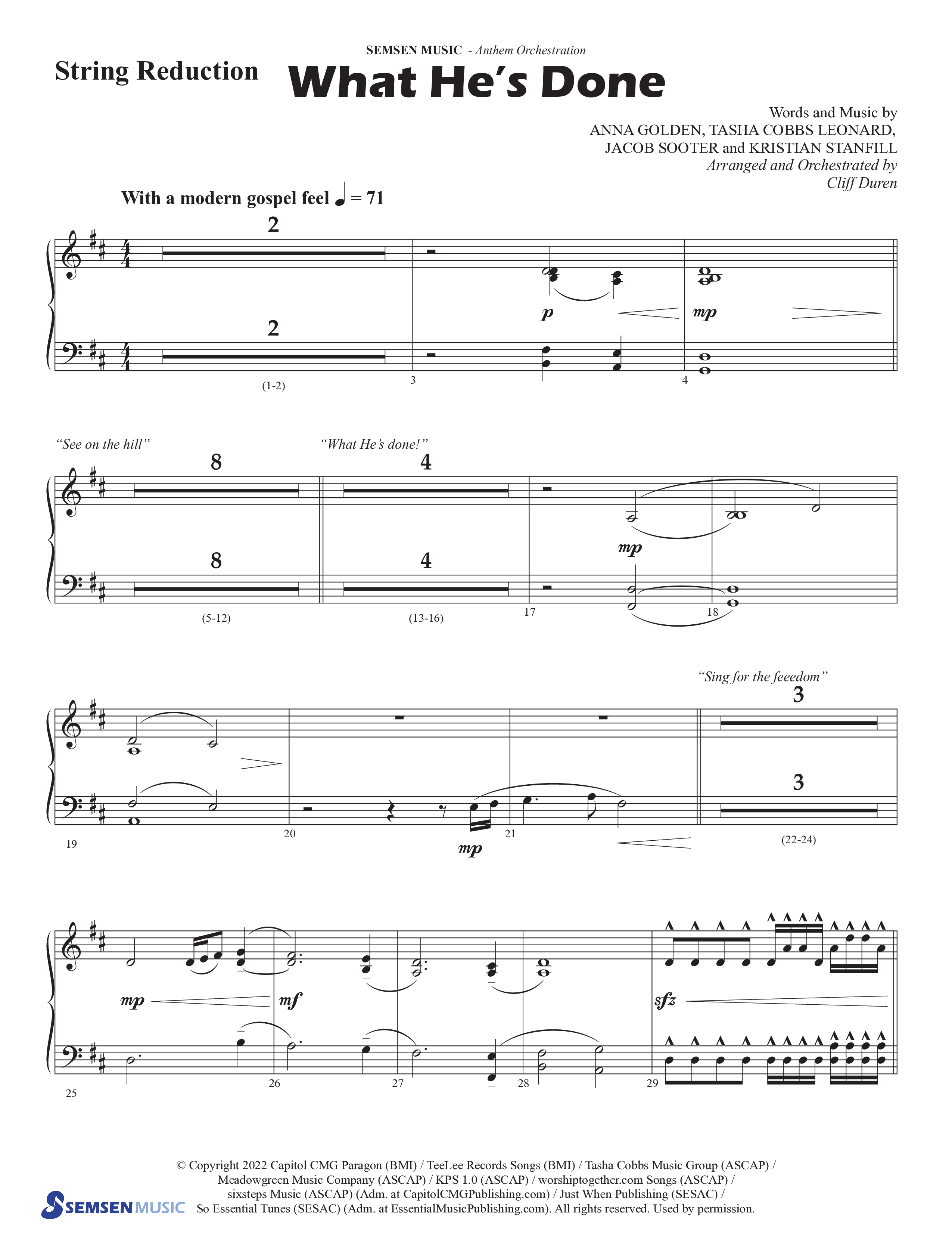 What He's Done (Choral Anthem SATB) String Reduction (Semsen Music / Arr. Cliff Duren)