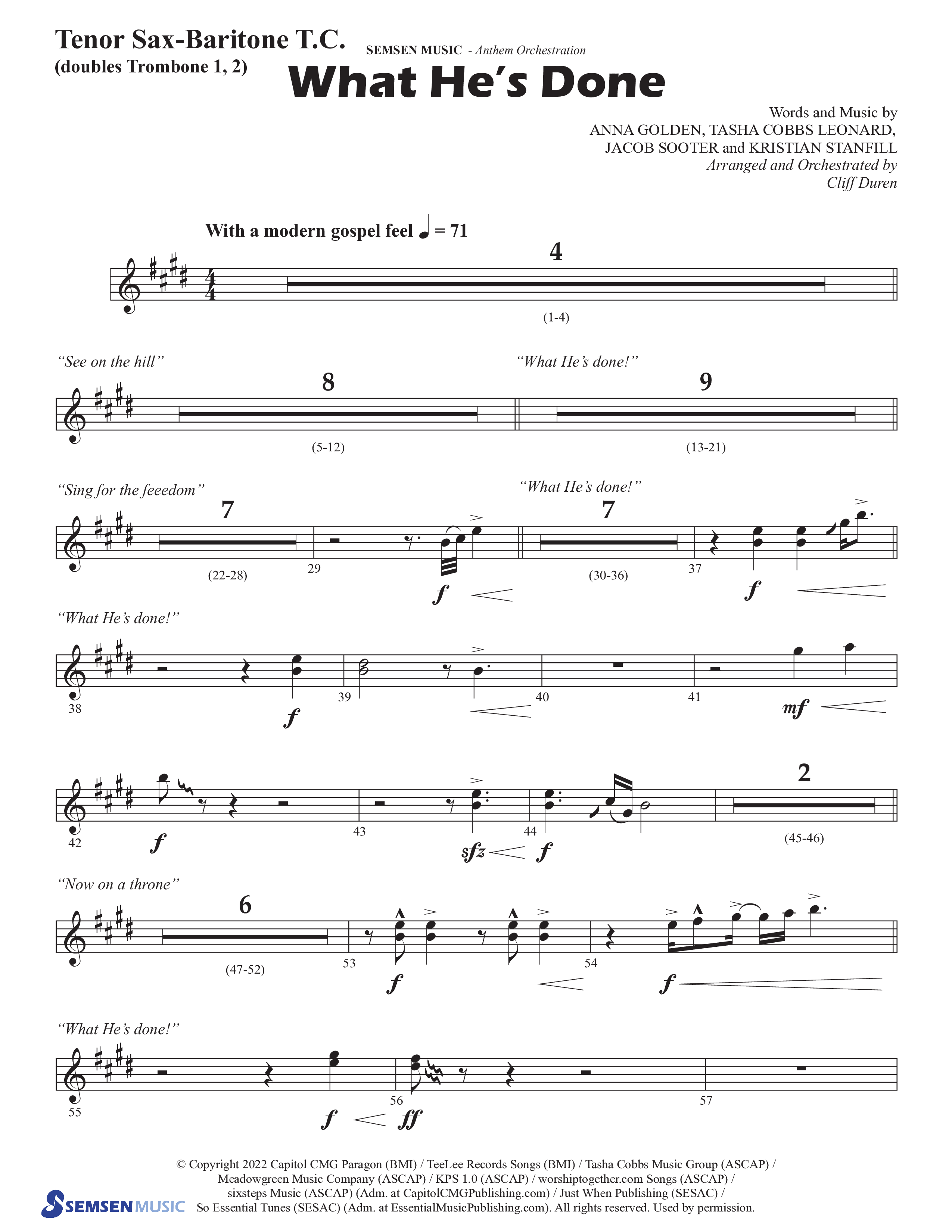 What He's Done (Choral Anthem SATB) Tenor Sax/Baritone T.C. (Semsen Music / Arr. Cliff Duren)