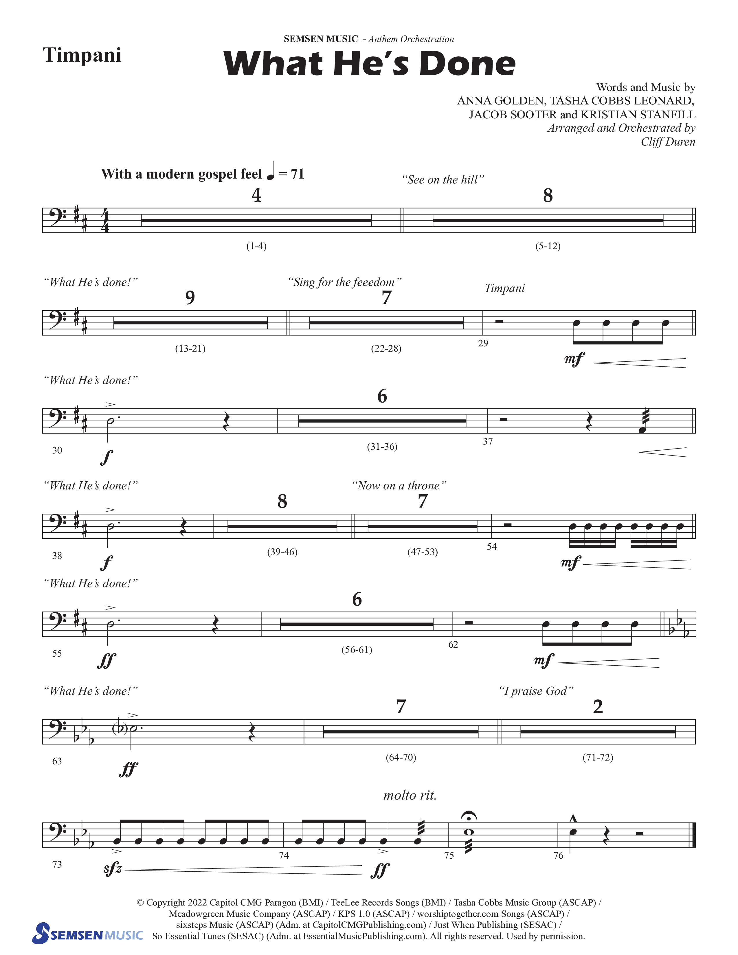 What He's Done (Choral Anthem SATB) Timpani (Semsen Music / Arr. Cliff Duren)