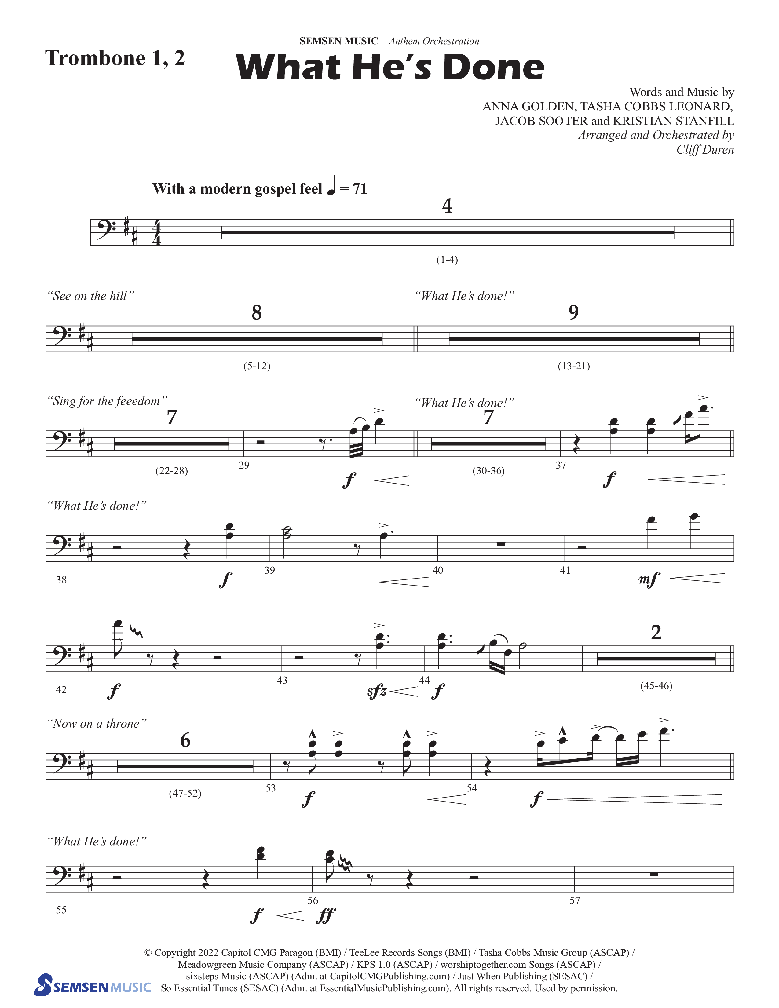 What He's Done (Choral Anthem SATB) Trombone 1/2 (Semsen Music / Arr. Cliff Duren)