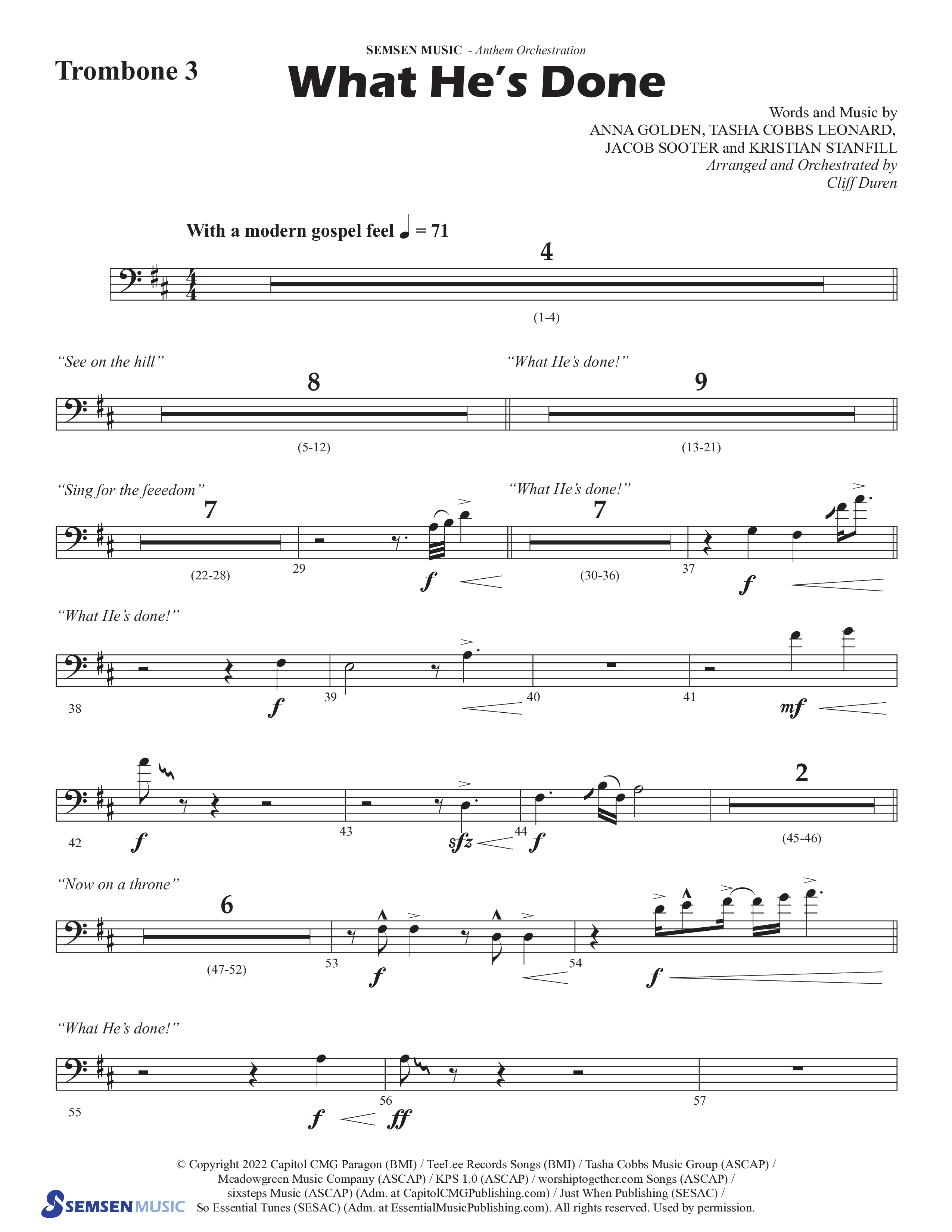 What He's Done (Choral Anthem SATB) Trombone 3 (Semsen Music / Arr. Cliff Duren)
