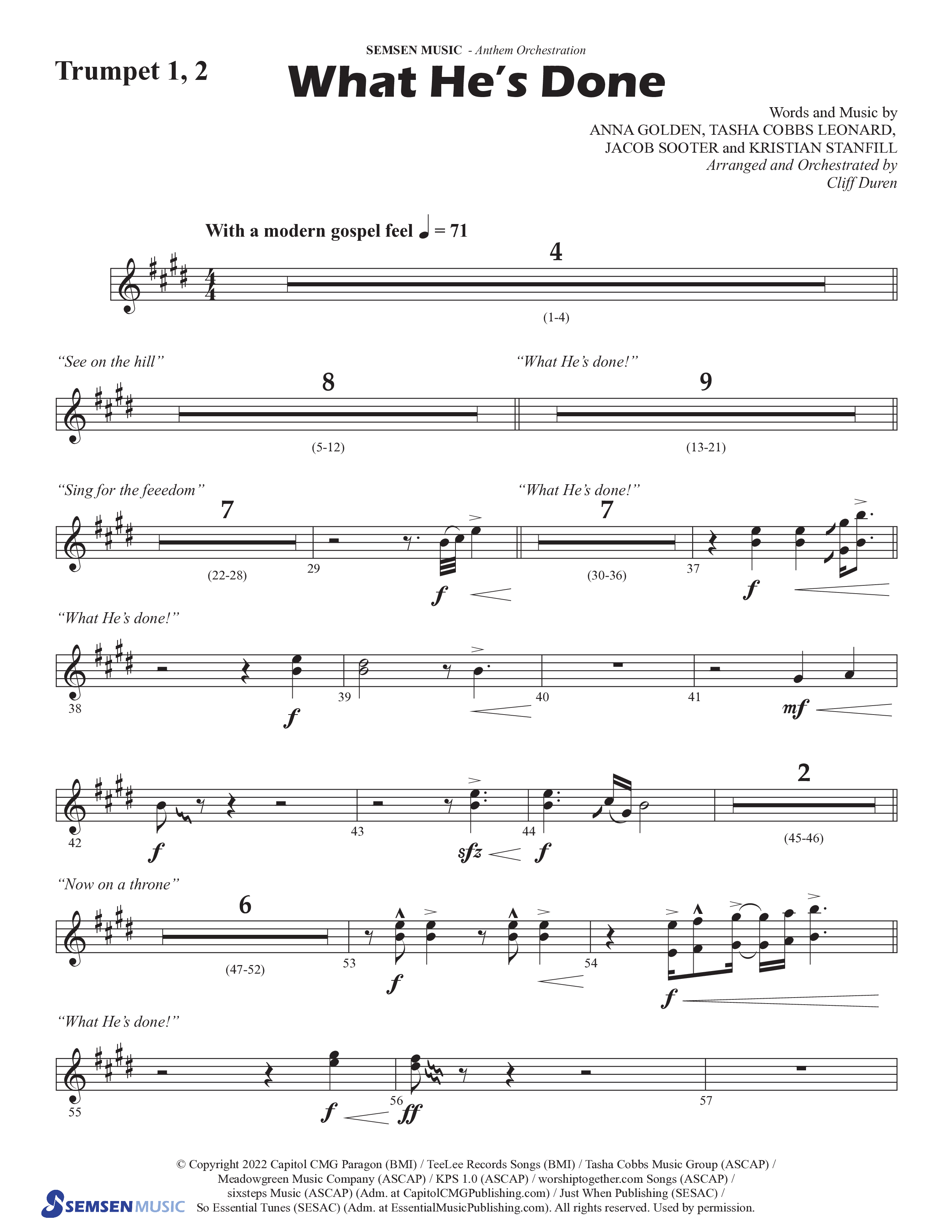 What He's Done (Choral Anthem SATB) Trumpet 1,2 (Semsen Music / Arr. Cliff Duren)