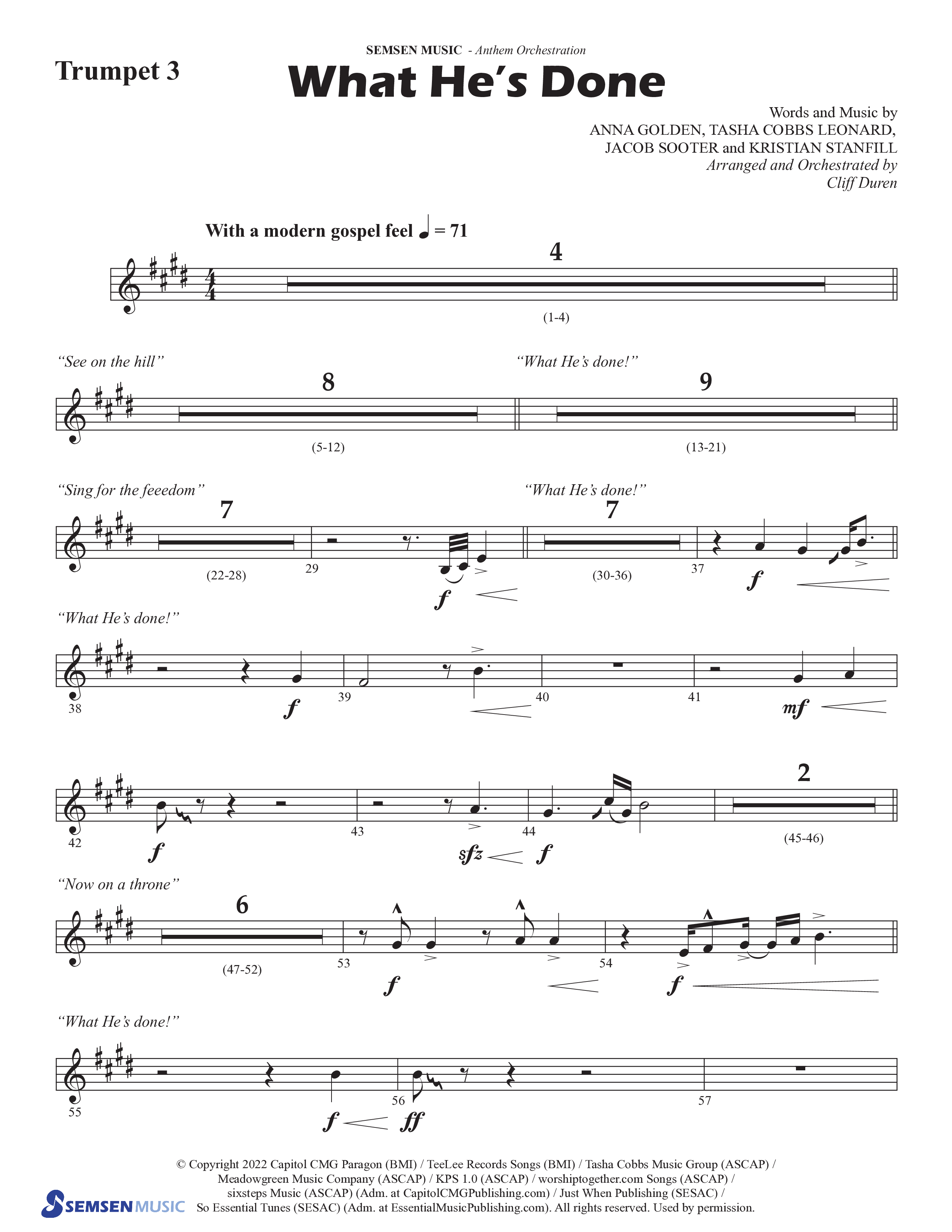 What He's Done (Choral Anthem SATB) Trumpet 3 (Semsen Music / Arr. Cliff Duren)