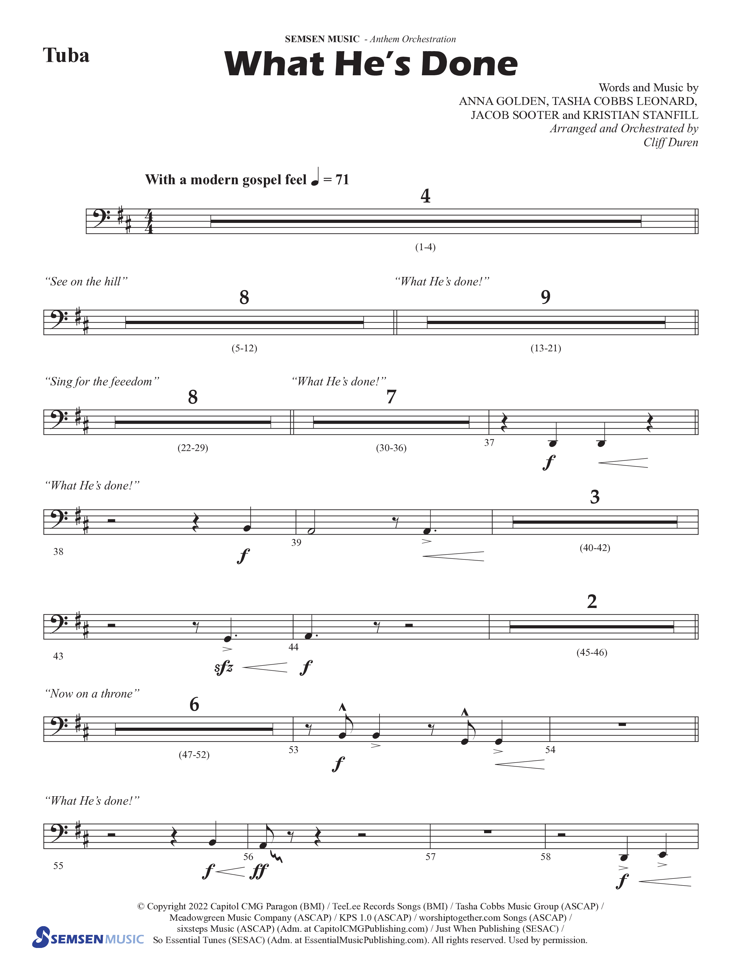 What He's Done (Choral Anthem SATB) Tuba (Semsen Music / Arr. Cliff Duren)
