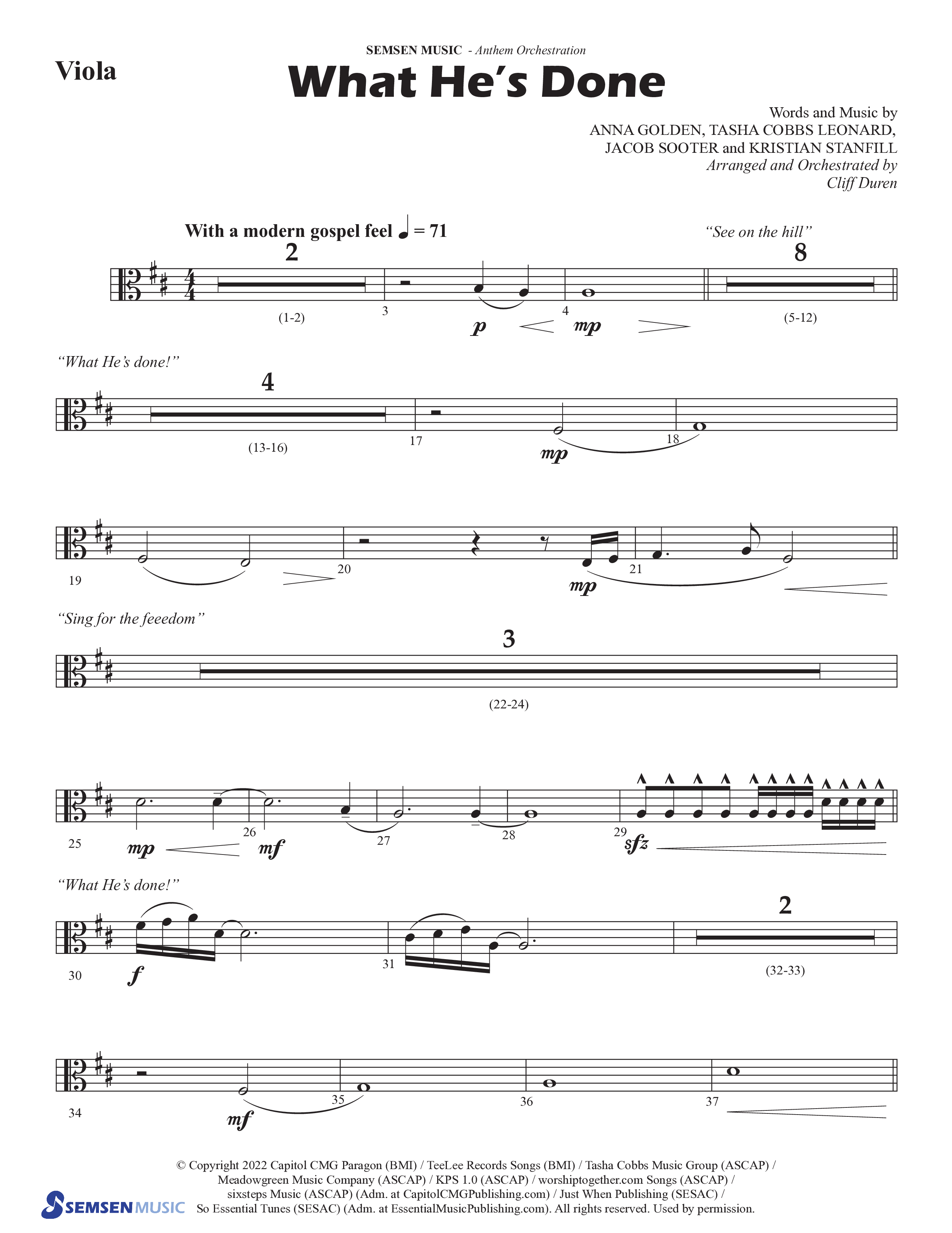 What He's Done (Choral Anthem SATB) Viola (Semsen Music / Arr. Cliff Duren)
