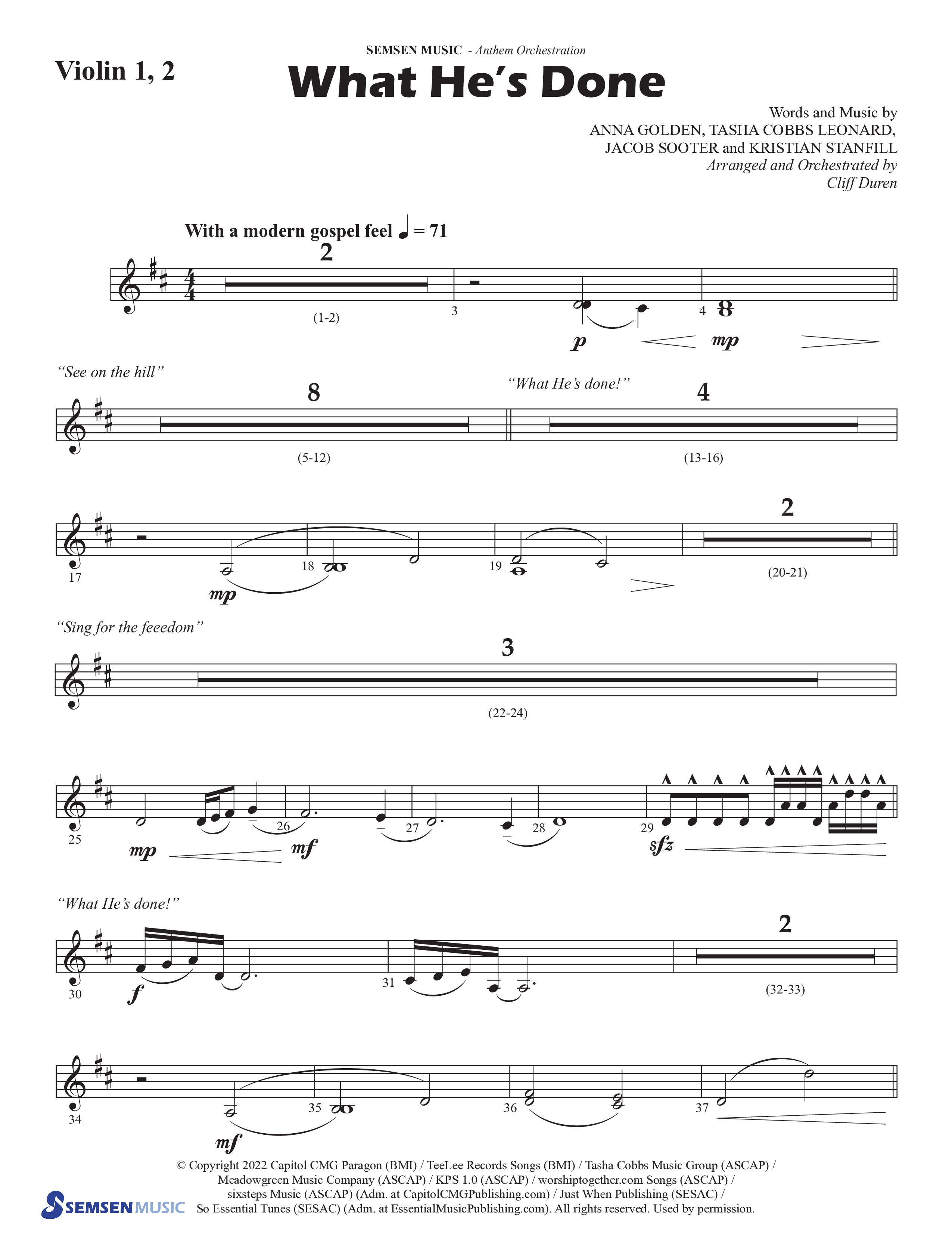 What He's Done (Choral Anthem SATB) Violin 1/2 (Semsen Music / Arr. Cliff Duren)