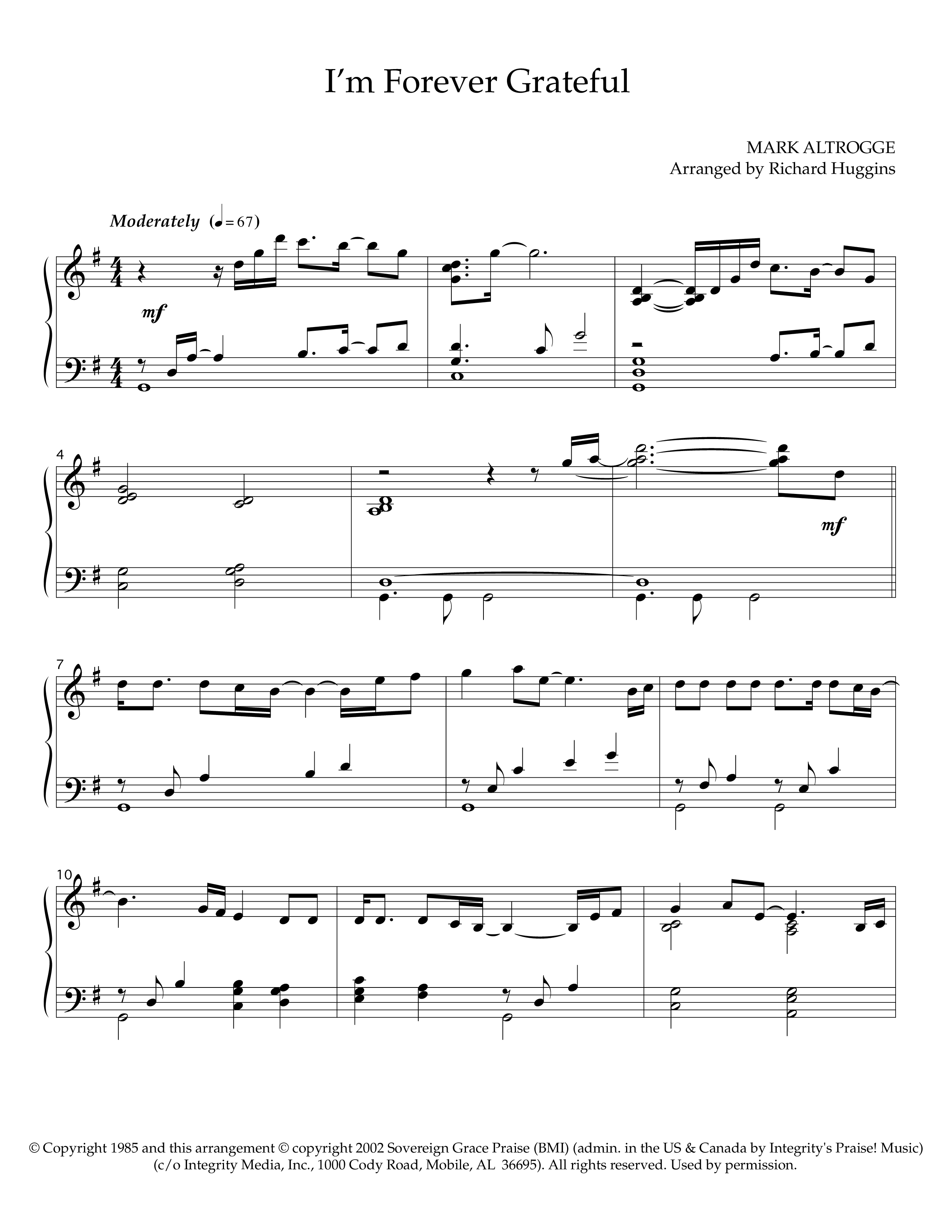 I'm Forever Grateful (Instrumental) Piano Sheet (Lifeway Worship / Arr. Richard Huggins)