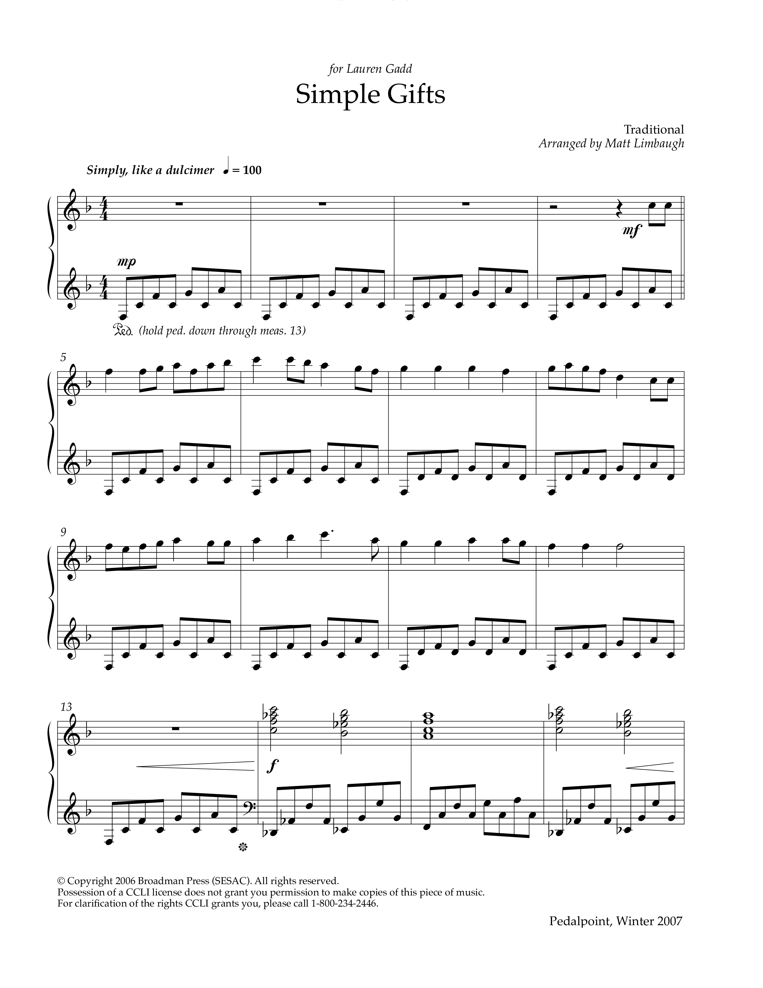 Simple Gifts (Instrumental) Piano Sheet (Lifeway Worship / Arr. Matt Limbaugh)