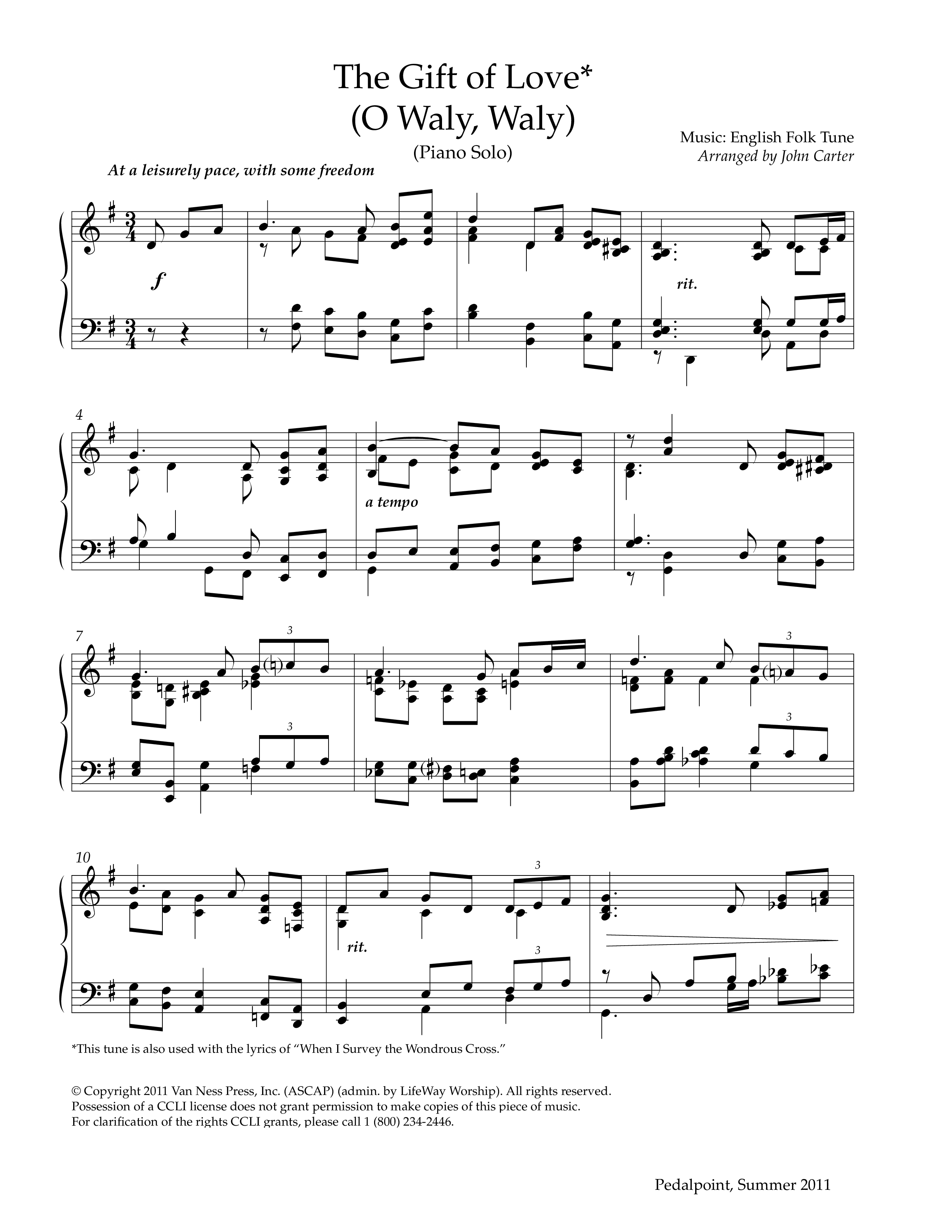 The Gift Of Love (O Waly Waly) (Instrumental) Piano Sheet (Lifeway Worship / Arr. John Carter)