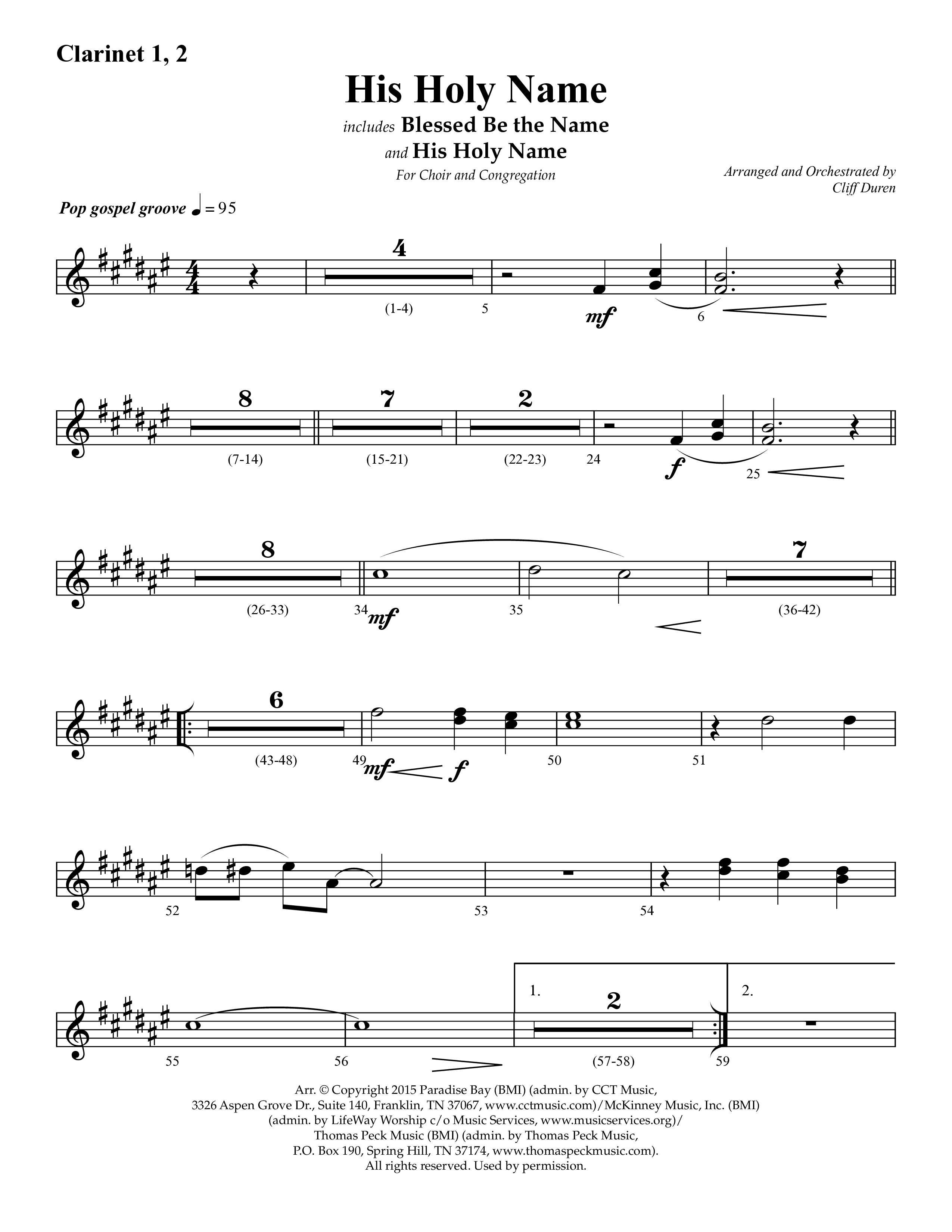 His Holy Name (with Blessed Be The Name) (Choral Anthem SATB) Clarinet 1/2 (Lifeway Choral / Arr. Cliff Duren)