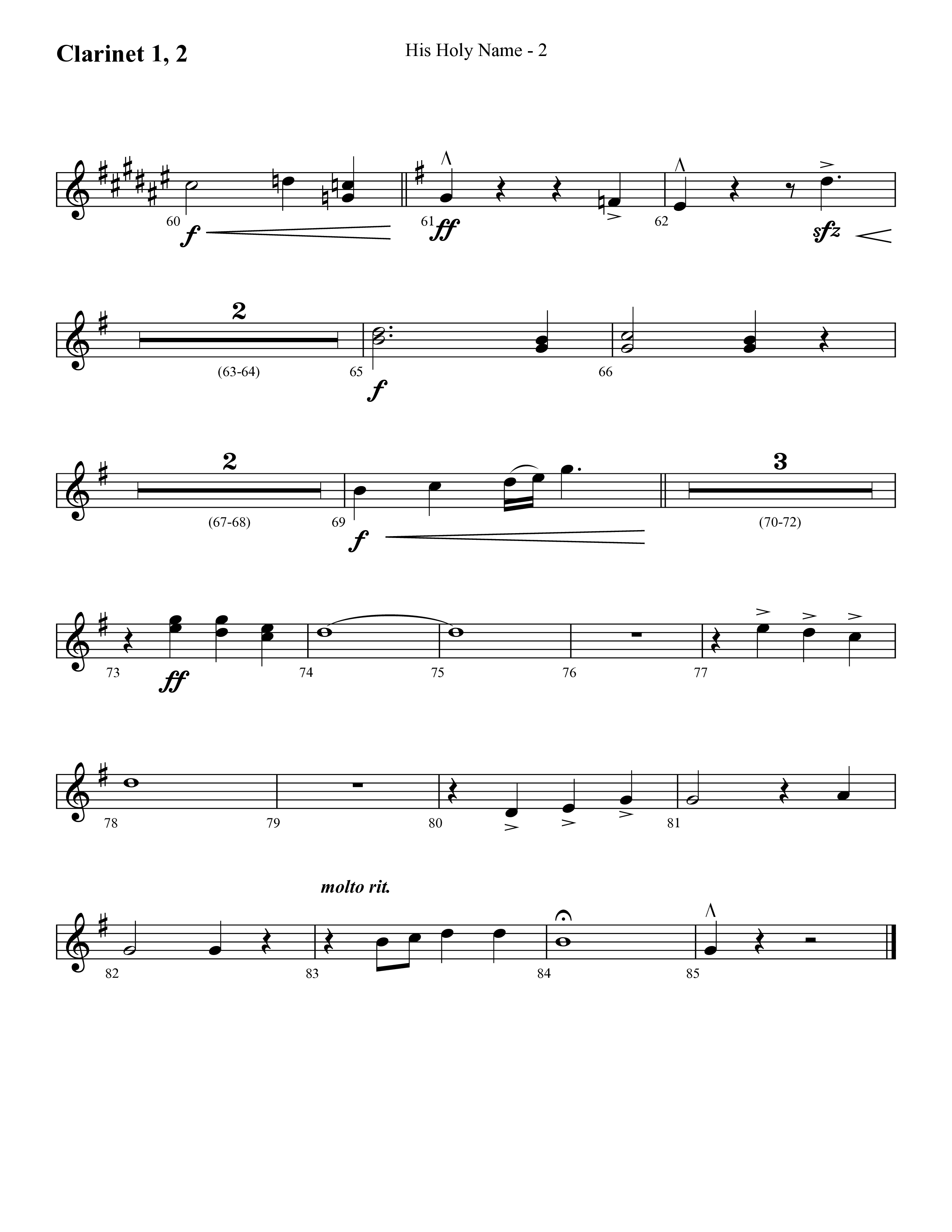 His Holy Name (with Blessed Be The Name) (Choral Anthem SATB) Clarinet 1/2 (Lifeway Choral / Arr. Cliff Duren)