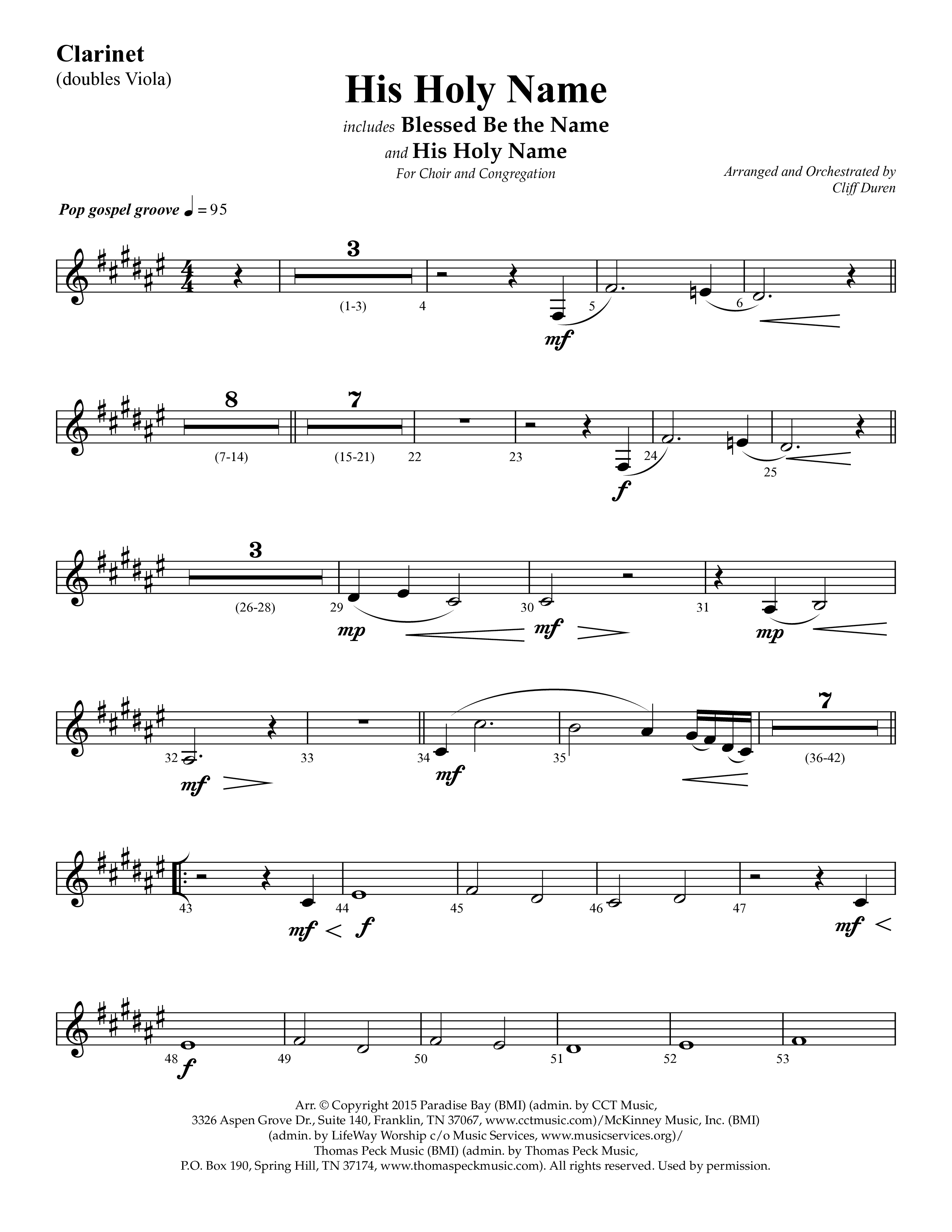 His Holy Name (with Blessed Be The Name) (Choral Anthem SATB) Clarinet (Lifeway Choral / Arr. Cliff Duren)