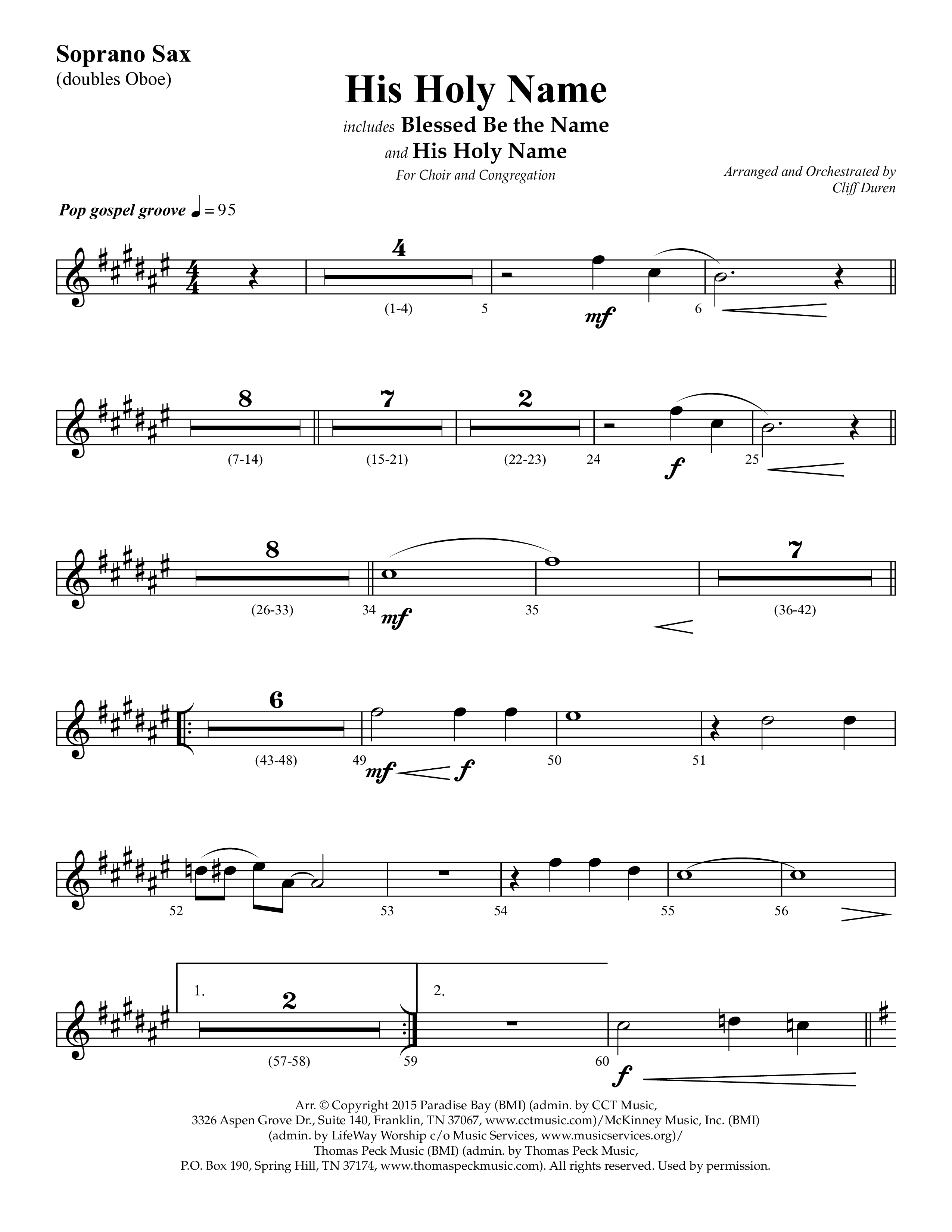 His Holy Name (with Blessed Be The Name) (Choral Anthem SATB) Soprano Sax (Lifeway Choral / Arr. Cliff Duren)