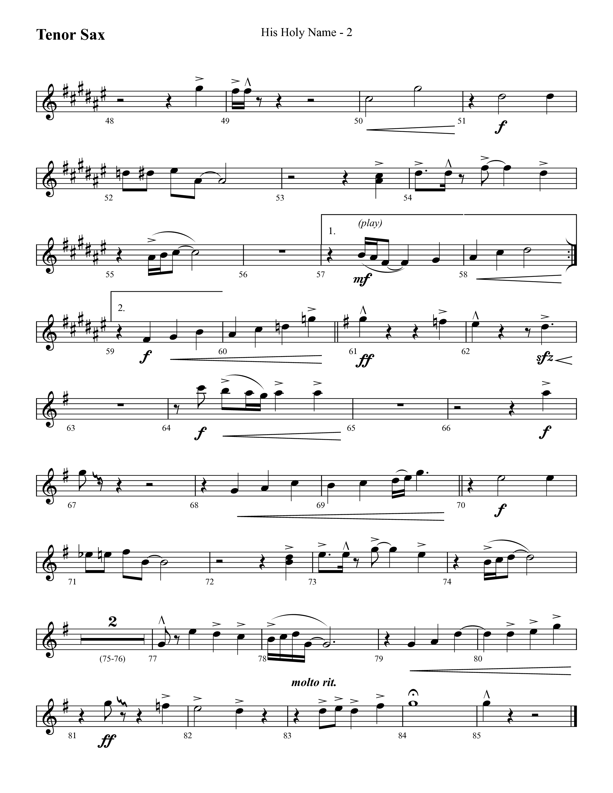 His Holy Name (with Blessed Be The Name) (Choral Anthem SATB) Tenor Sax 1 (Lifeway Choral / Arr. Cliff Duren)