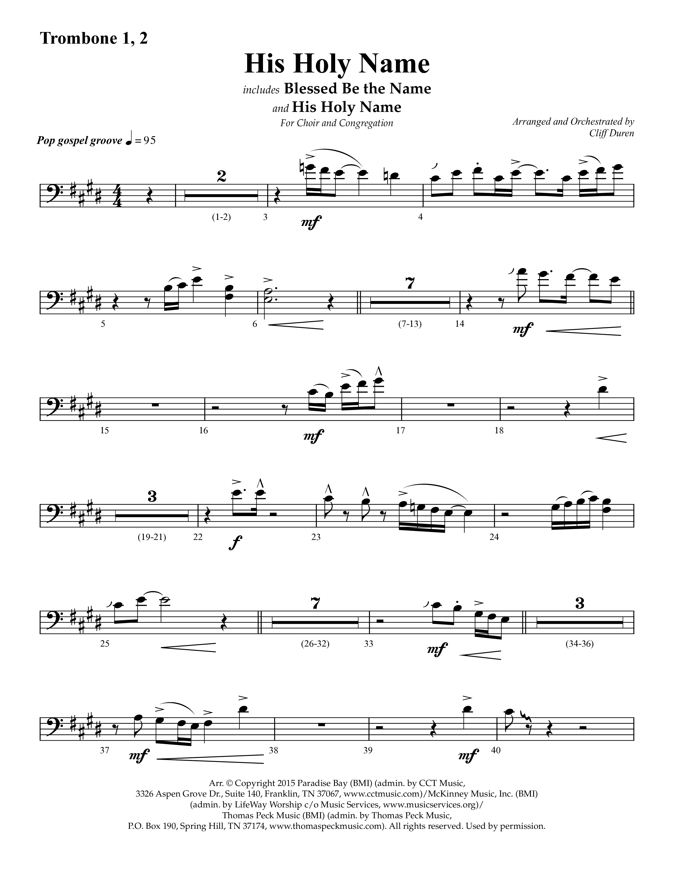 His Holy Name (with Blessed Be The Name) (Choral Anthem SATB) Trombone 1/2 (Lifeway Choral / Arr. Cliff Duren)