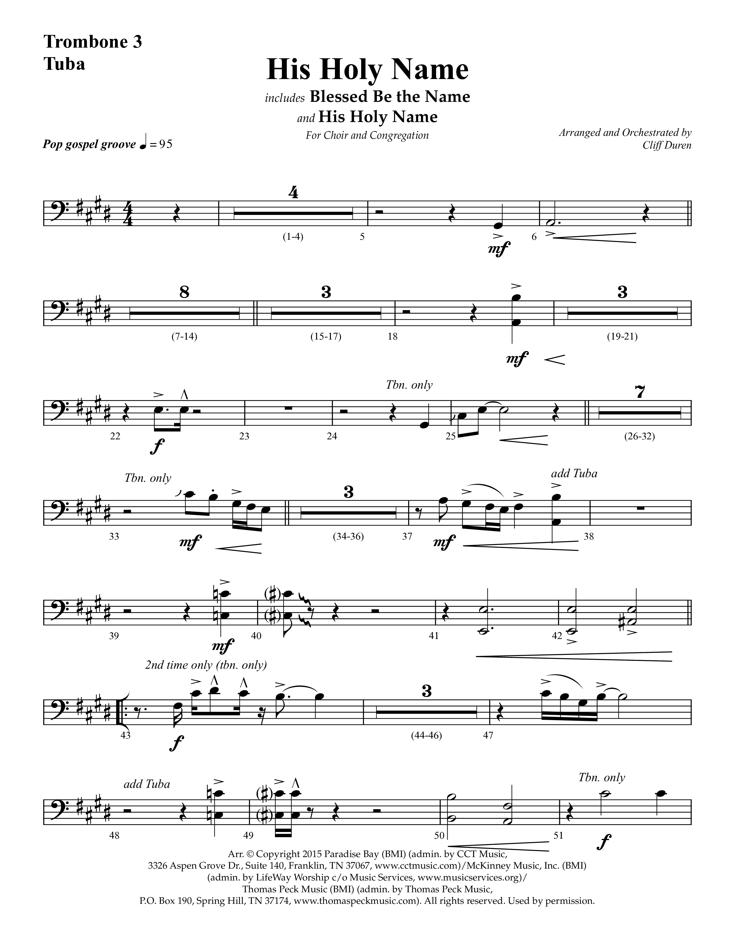 His Holy Name (with Blessed Be The Name) (Choral Anthem SATB) Trombone 3/Tuba (Lifeway Choral / Arr. Cliff Duren)