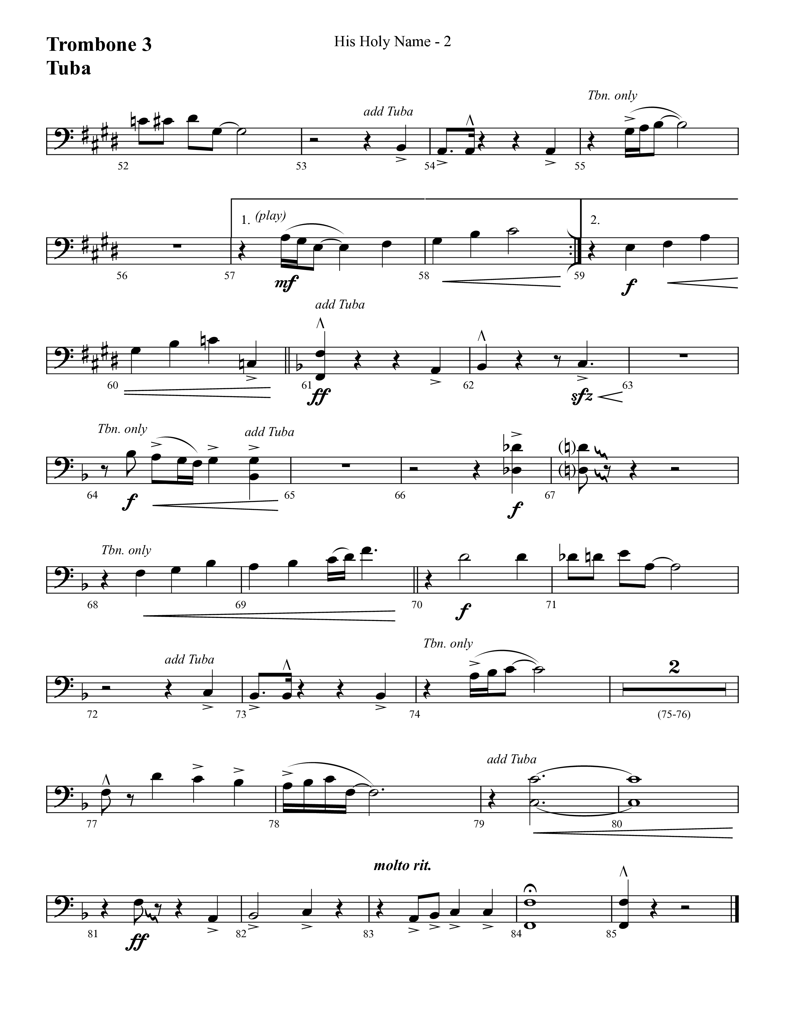 His Holy Name (with Blessed Be The Name) (Choral Anthem SATB) Trombone 3/Tuba (Lifeway Choral / Arr. Cliff Duren)